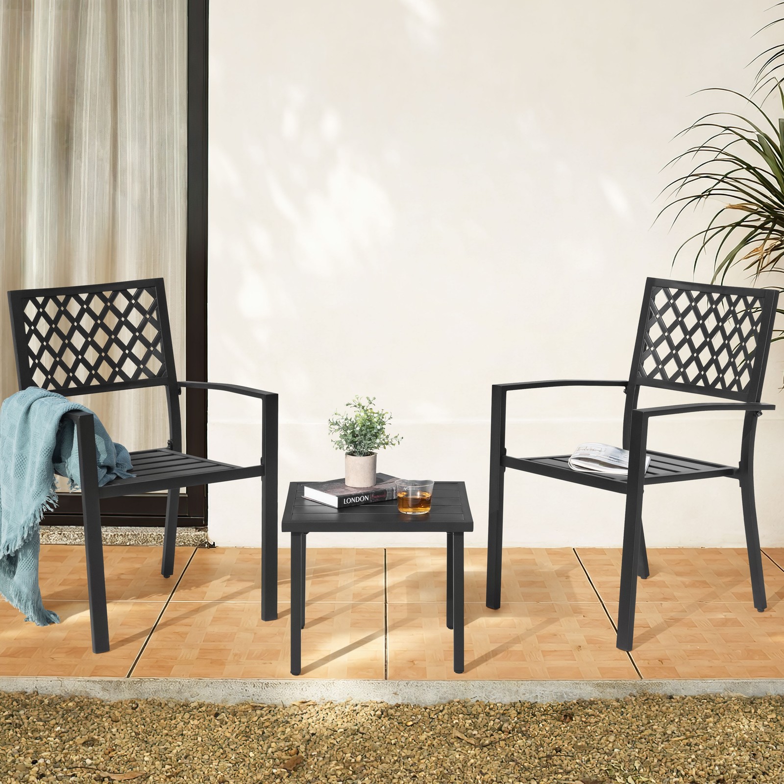 Nuu Garden Patio Bistro Set with Stackable Chairs, Powder-Coated Iron Frame