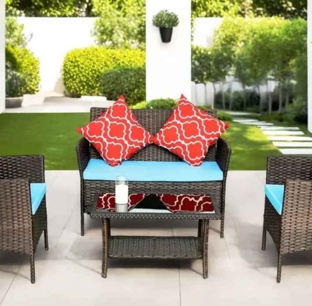 4 PC patio furniture teal seats red pillows