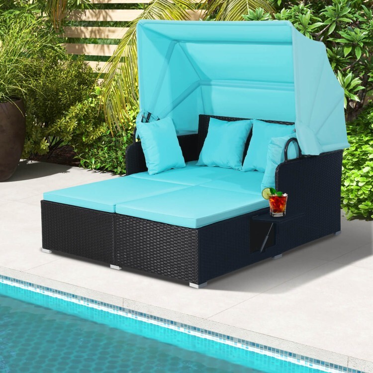 Patio Rattan Daybed Outdoor Retractable Canopy Backyard W/Cushion & Side Tables