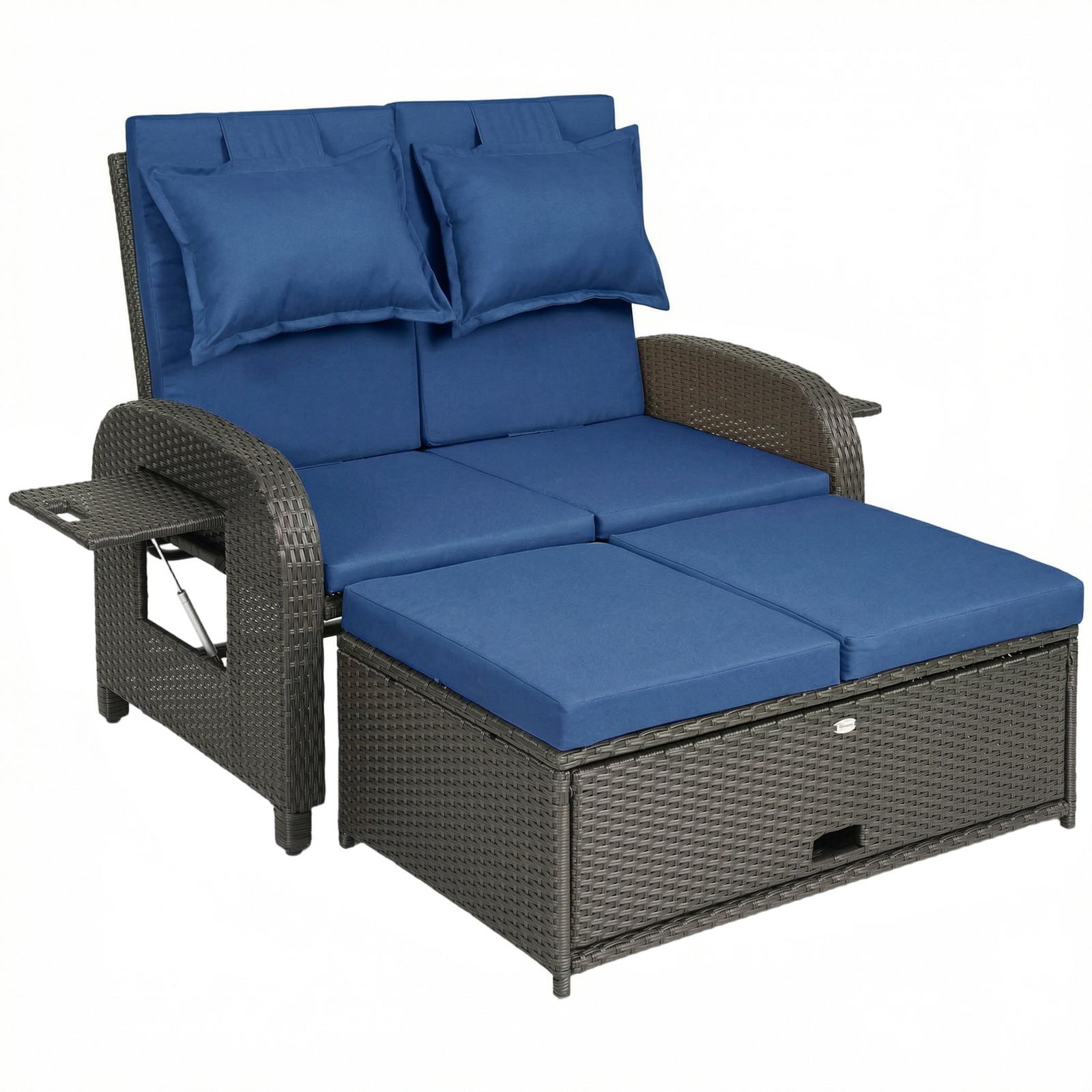Outsunny Outdoor Patio Rattan Daybed w/ Storage Ottoman, Navy Blue