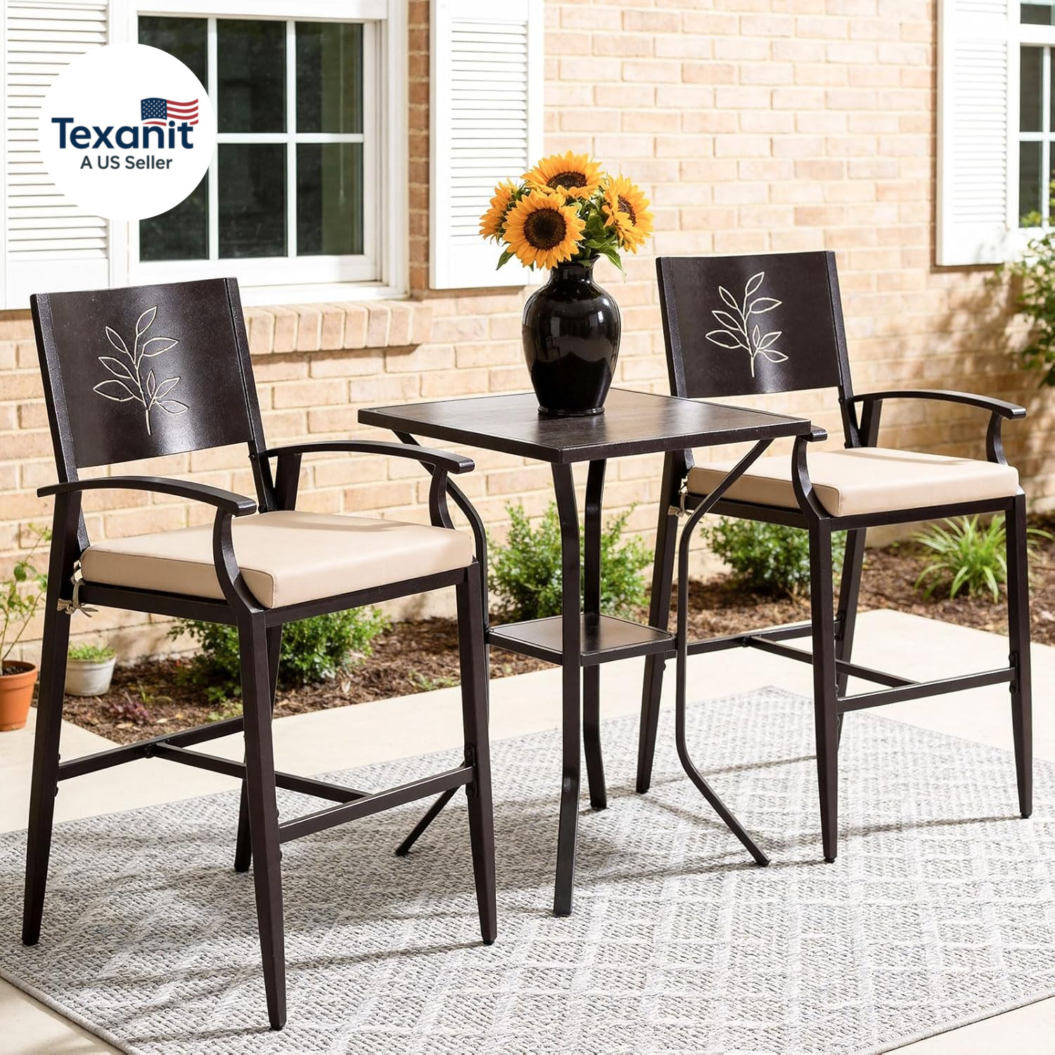 3-Piece Outdoor Bar Set, Bar Height Table and Stools with Stone Crystal Waterpro