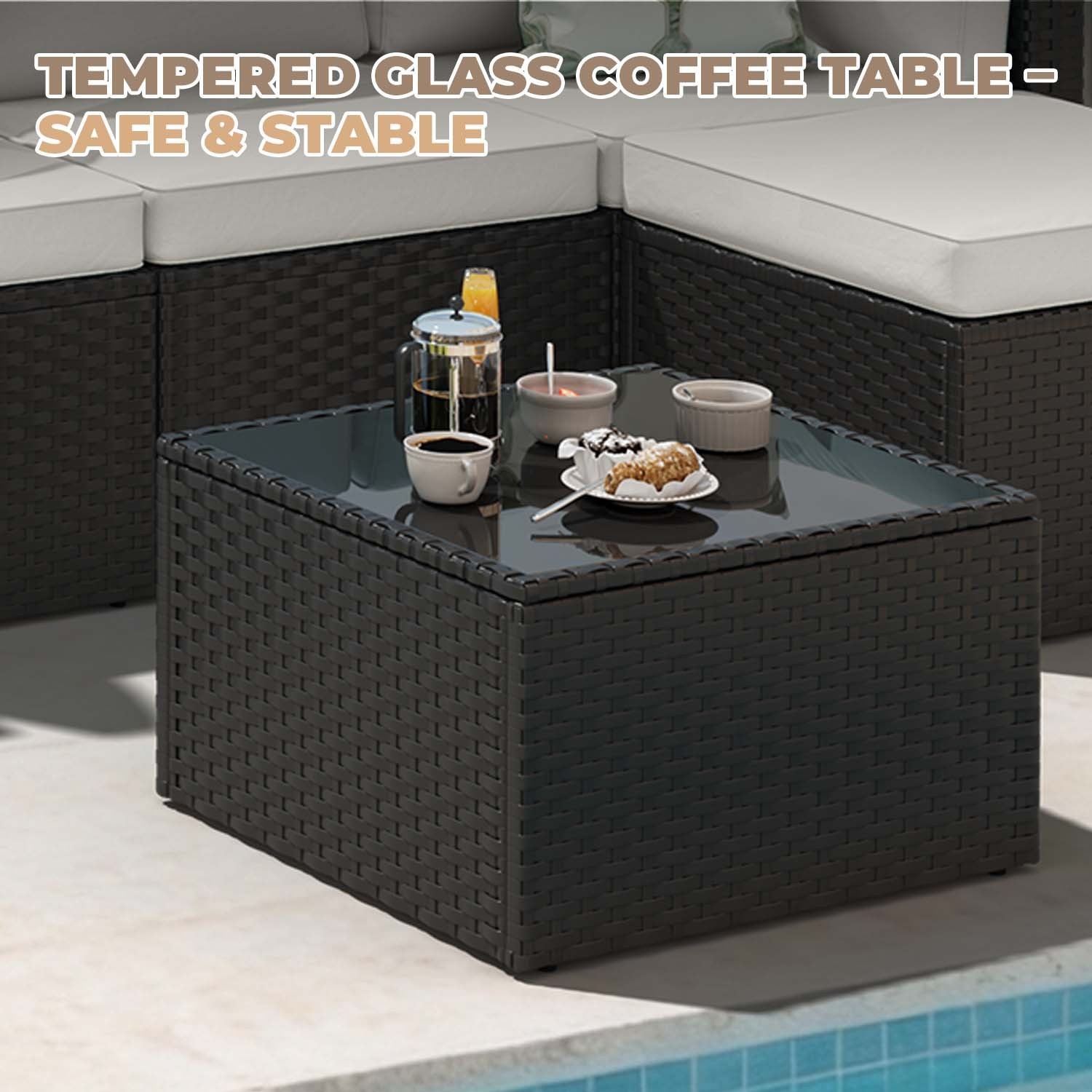 3-Piece Black Rattan Conversation Set Sofa Ottoman Table Cream White