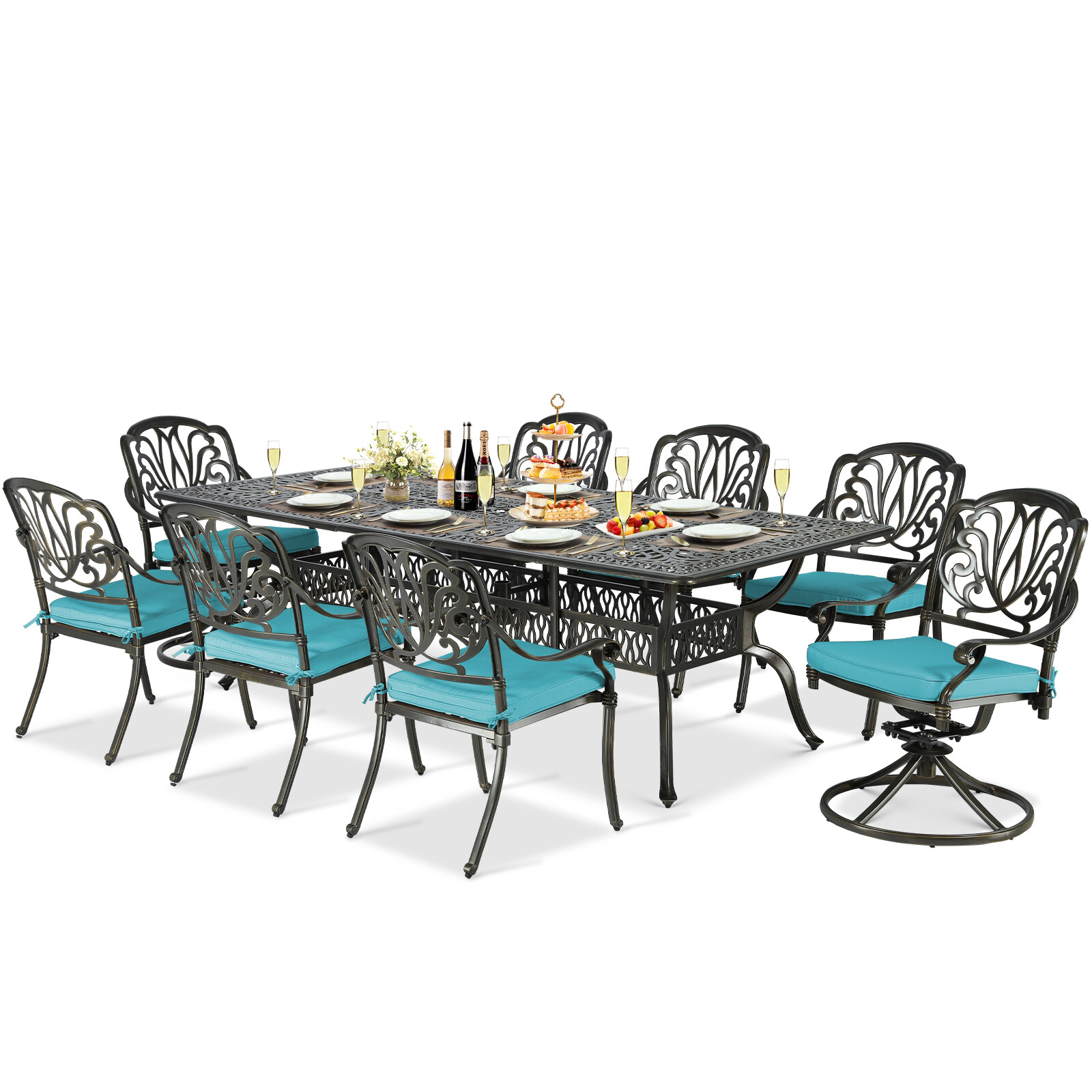 9 PCS Cast Aluminum Outdoor Patio Furniture Rectangle Table & Chairs Set for 8