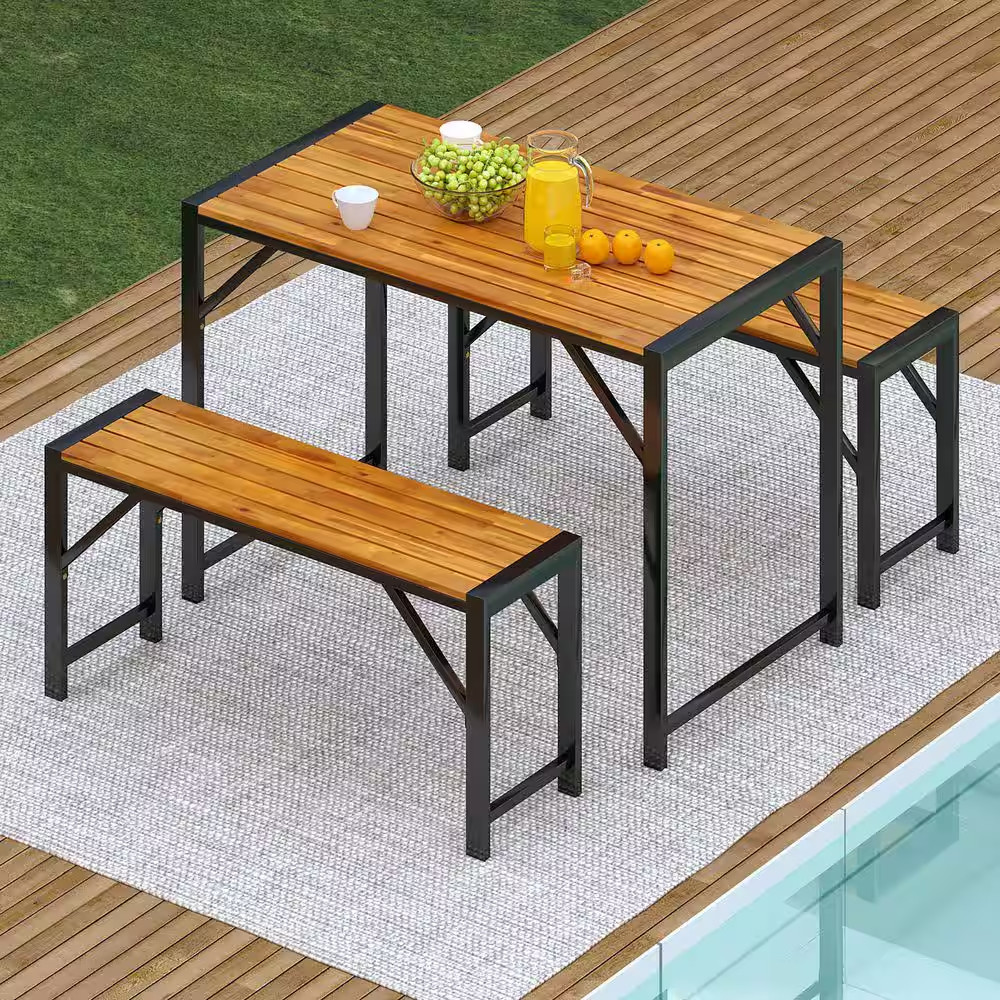 3 PCS Dining Set for 4 People Outdoor Picnic Table & 2 Benches W/ Metal Frame