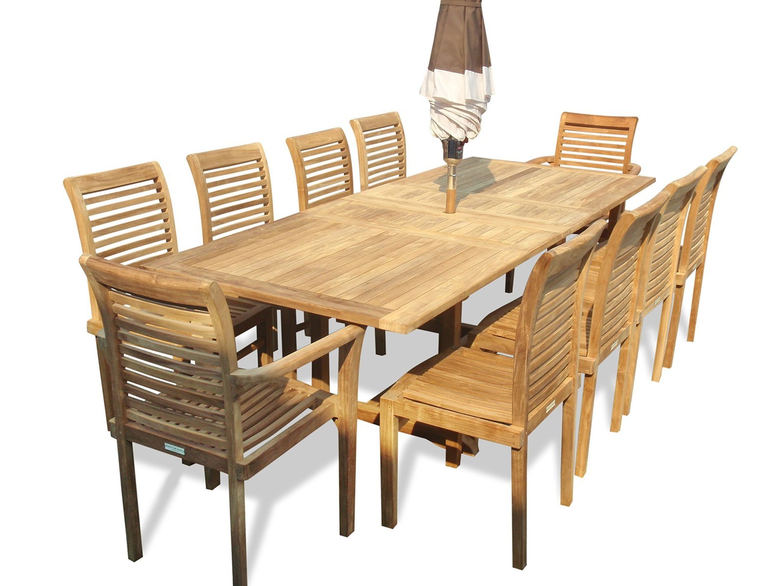 Windsor’s Genuine Grade A Teak 95″ Rect Extension table w10 Stacking Chairs