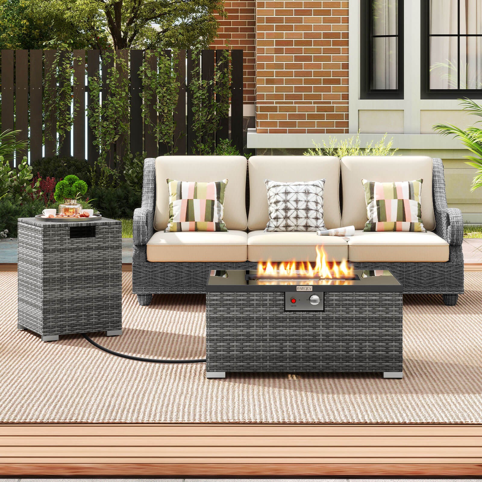 2 PCS Outdoor Rattan Fire Table Set w/ Tank Cover Tempered Glass Tabletop