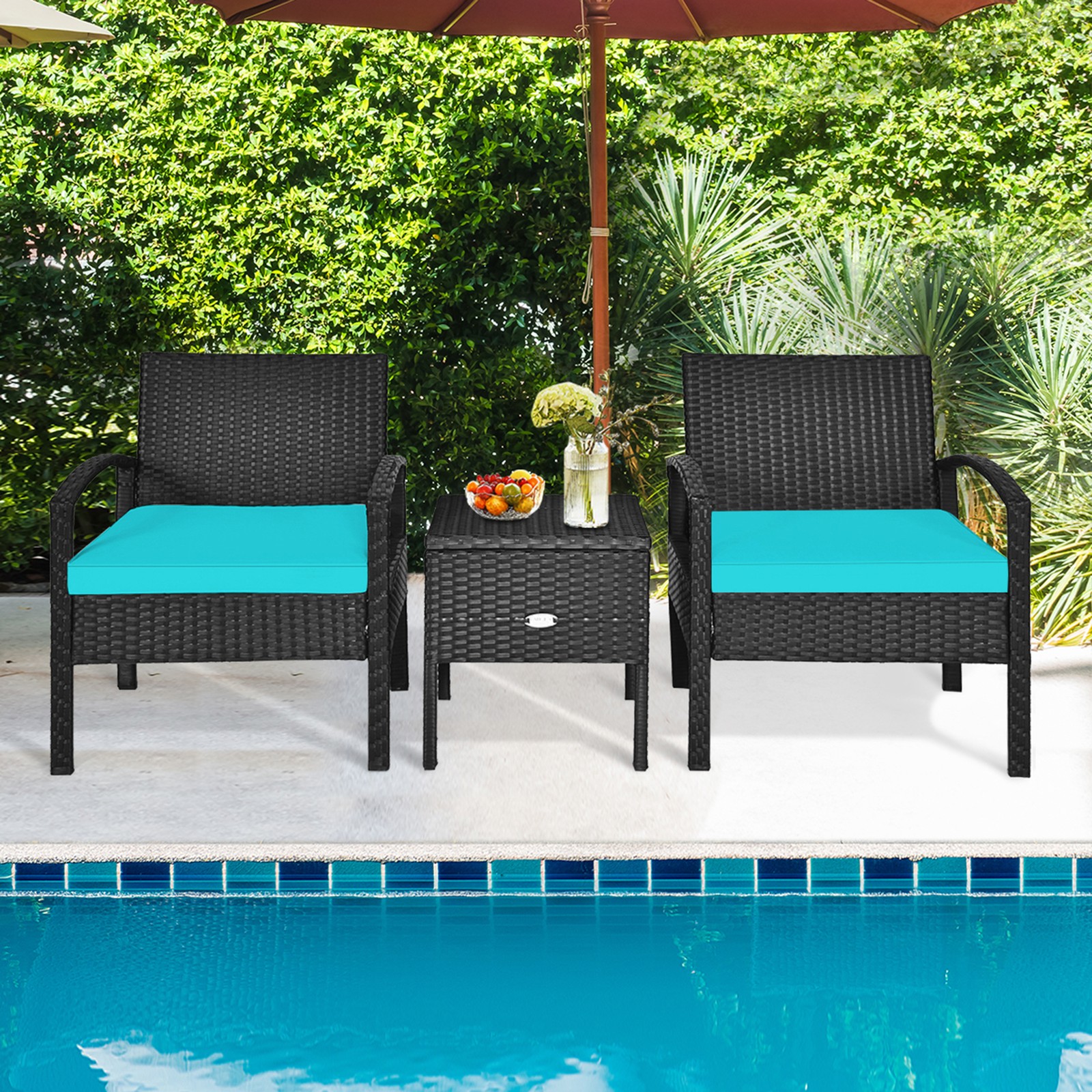 3PCS Rattan Patio Conversation Furniture Set w/ Storage Table Turquoise Cushion