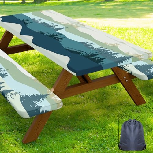 Picnic Table Cover with Bench Covers, Waterproof Elastic 30″ x 60″ Green Blue