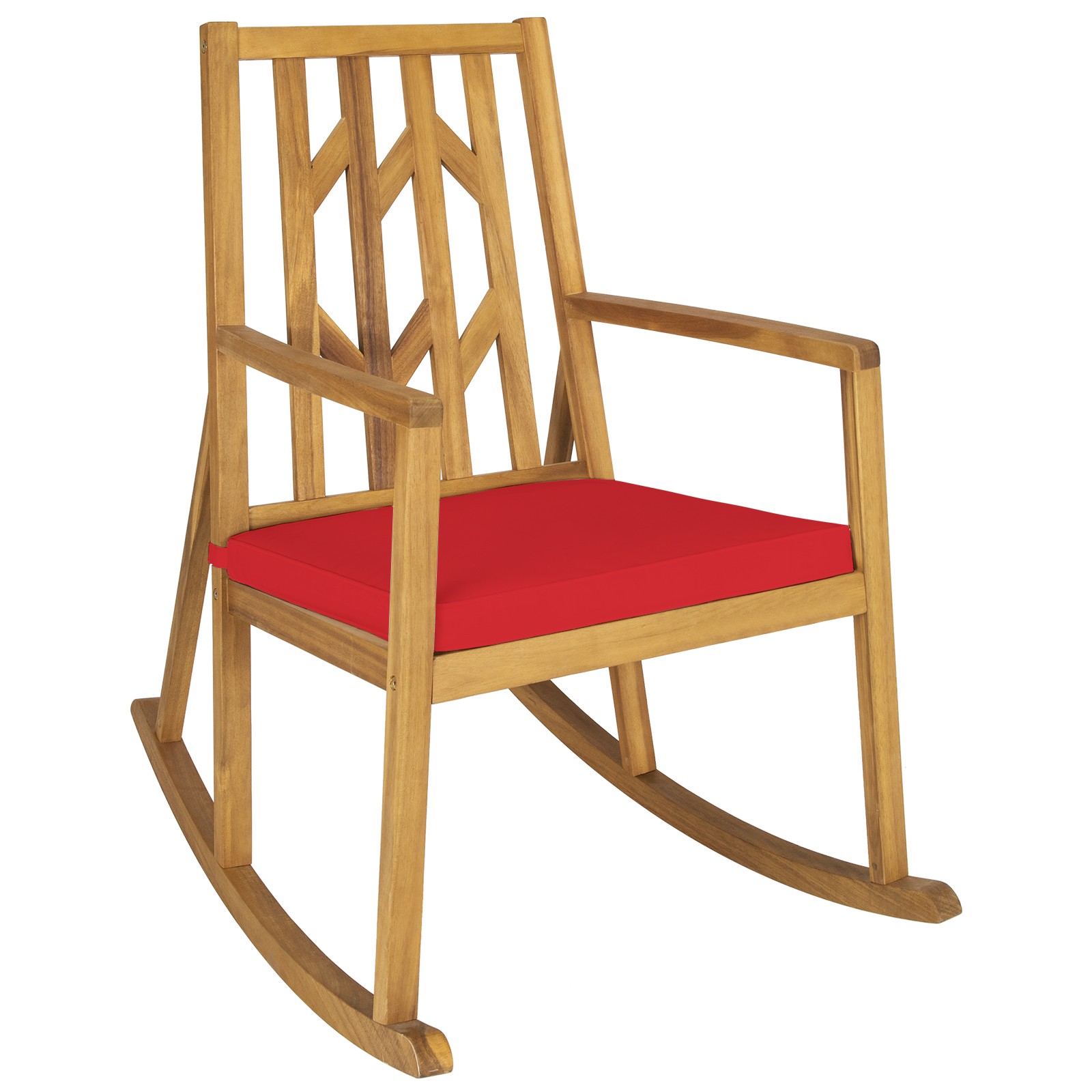 Patio Wood Armrest Cushioned Sofa Rocking Chair Acacia Garden Deck Red