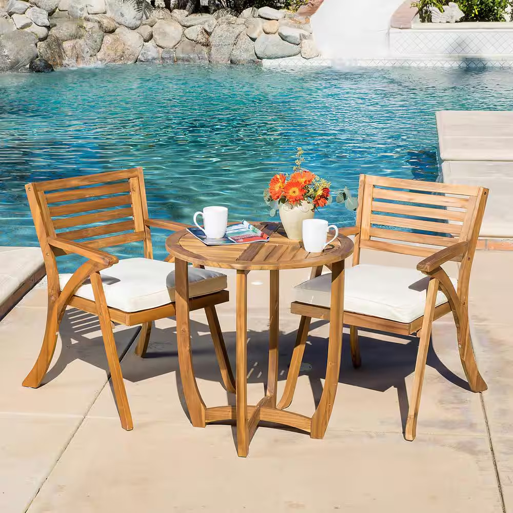 Coronado Teak Brown Finish 3-Piece Wood round Outdoor Patio Bistro Set with Crea
