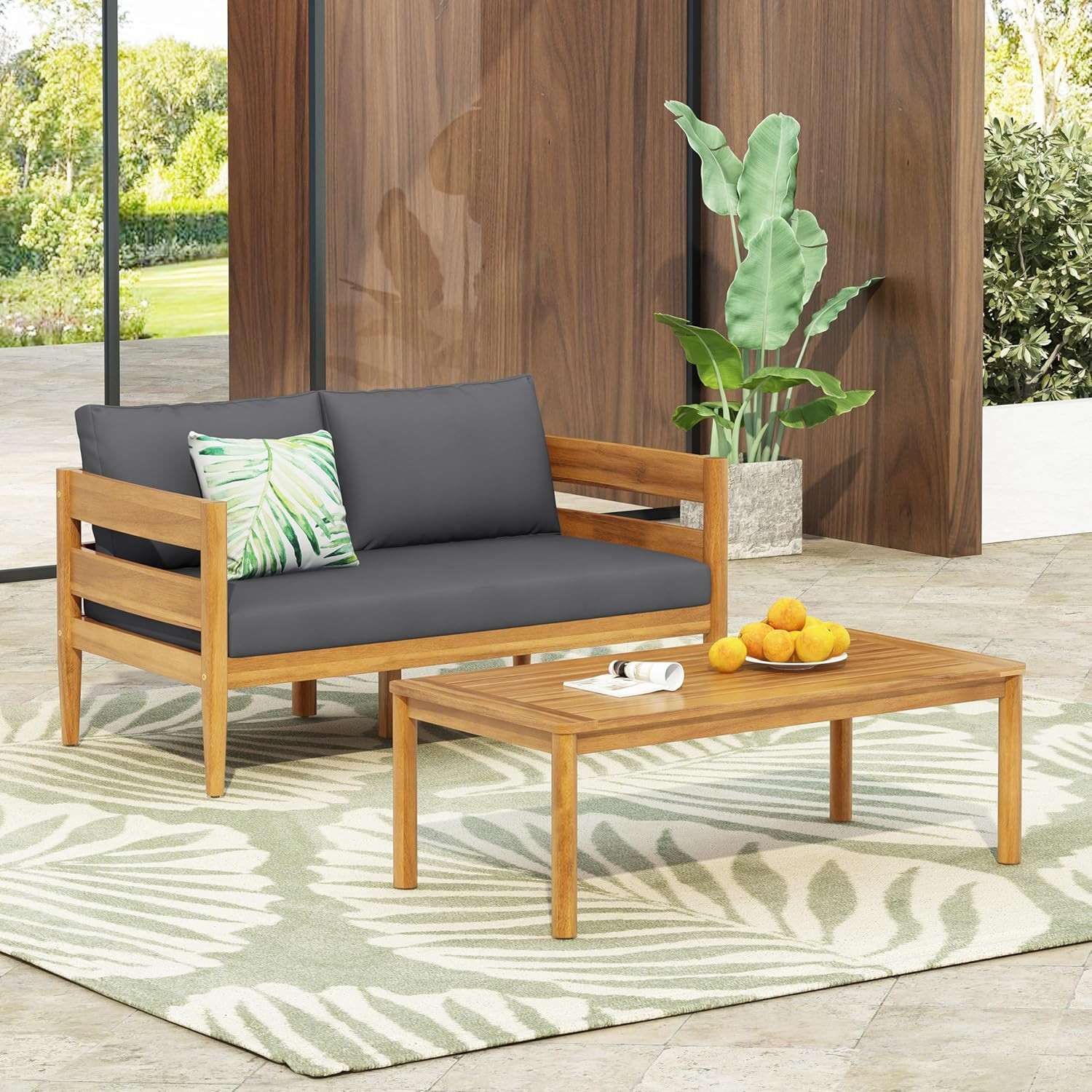 Kayim Patio Loveseat Coffee Table Set with Curved Arm and Backrest, Acacia Wood