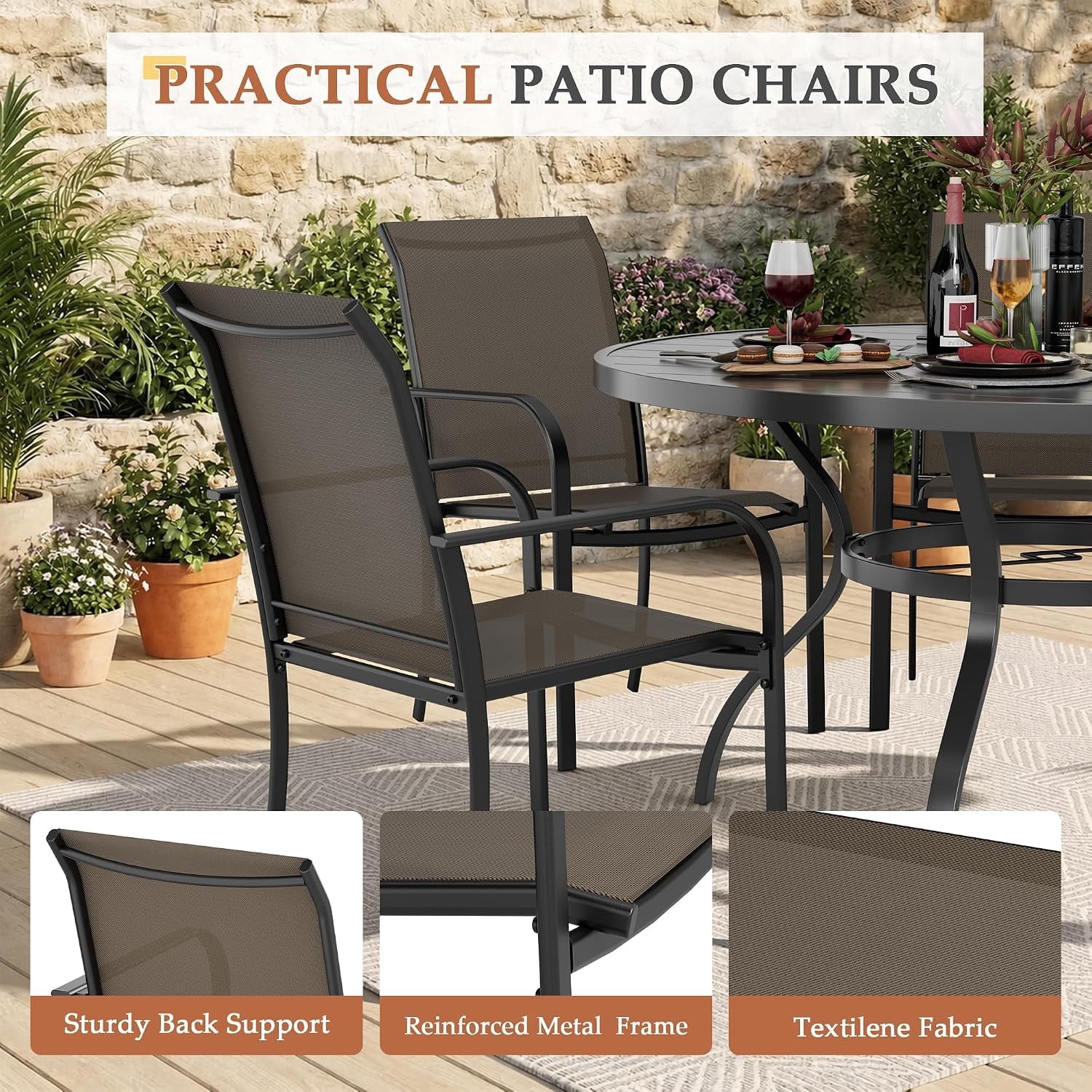 7-Piece Outdoor Patio Dining Set 6 Textilene Metal Chairs 53″ Round Table 1.57″
