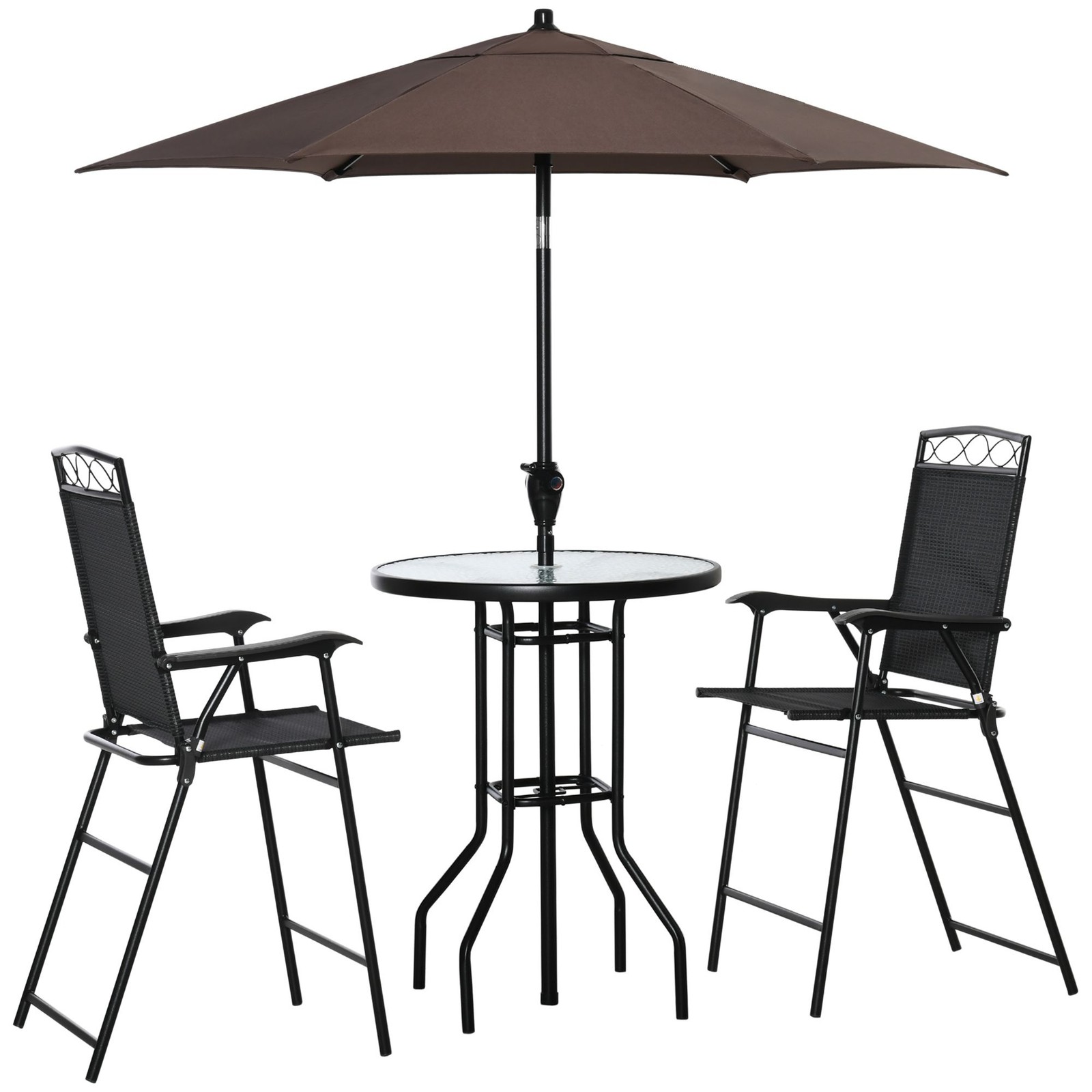 Steel Patio Bar Set: 2 Folding Chairs, 27.5″ Glass Table, Adjustable Umbrella
