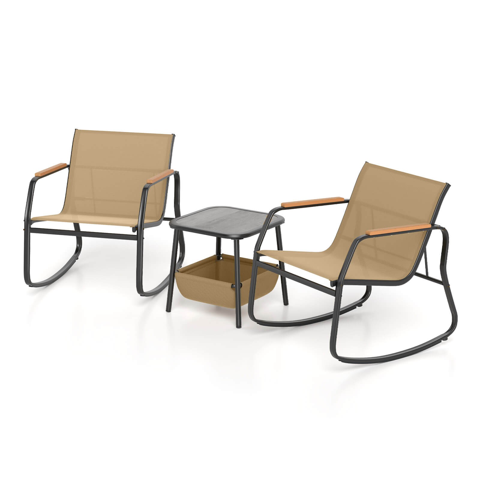 3 Piece Rocking Bistro Set w/ Storage Bag PS Armrests & Tabletop Metal Frame