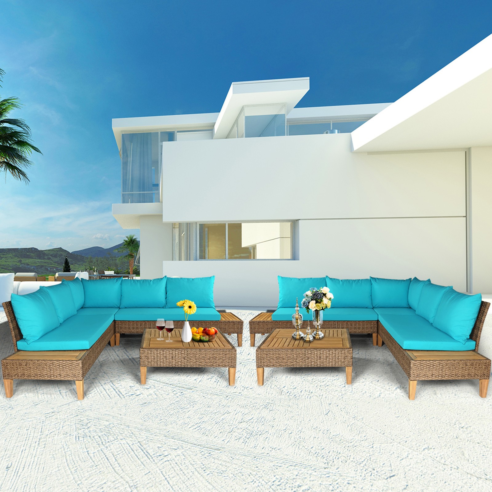 8PCS Rattan Patio Sofa Set Outdoor Furniture Set w/ Turquoise Cushions
