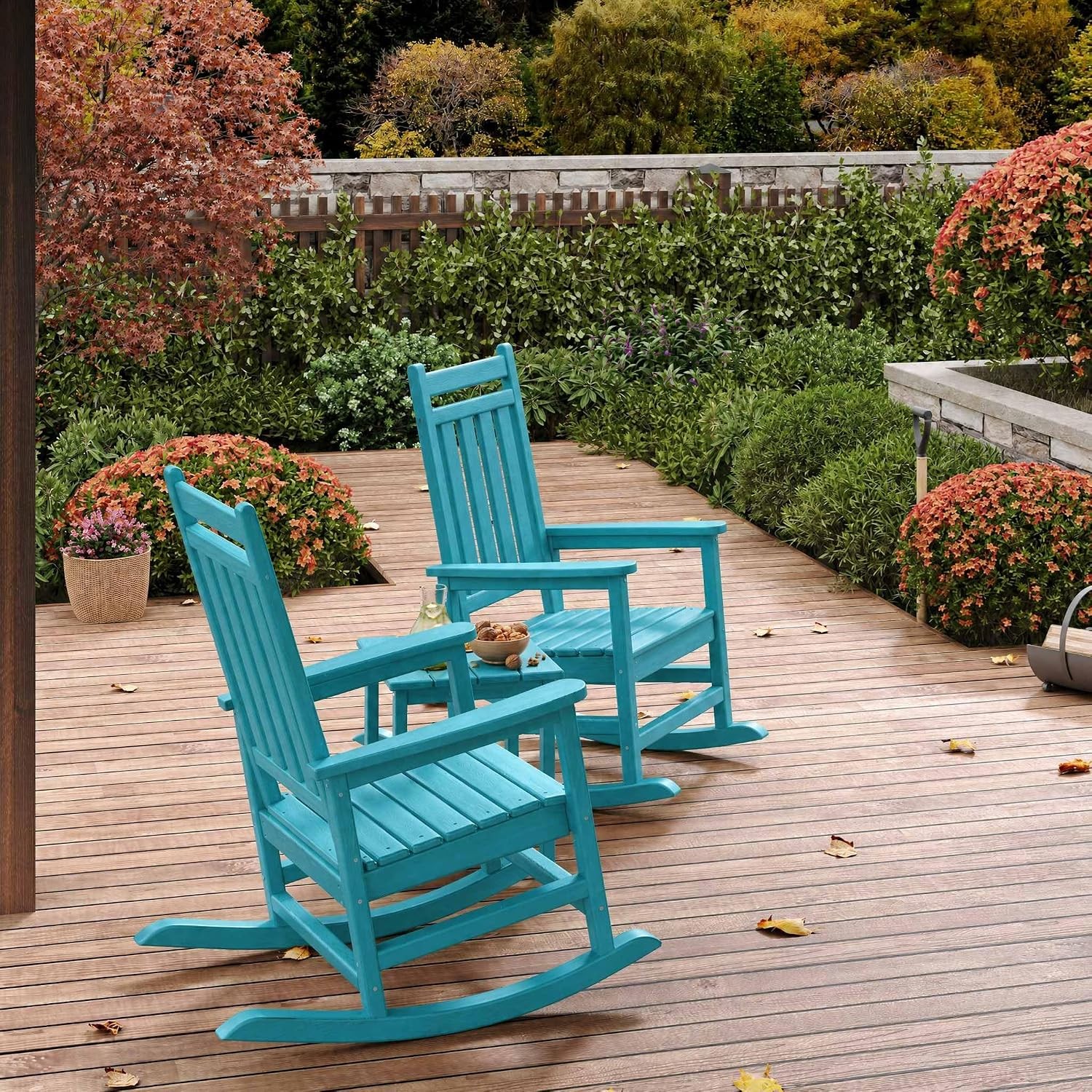3 PCS HDPE Rocking Chair Set with Side Table Porch Rocker High Back Garden Seats