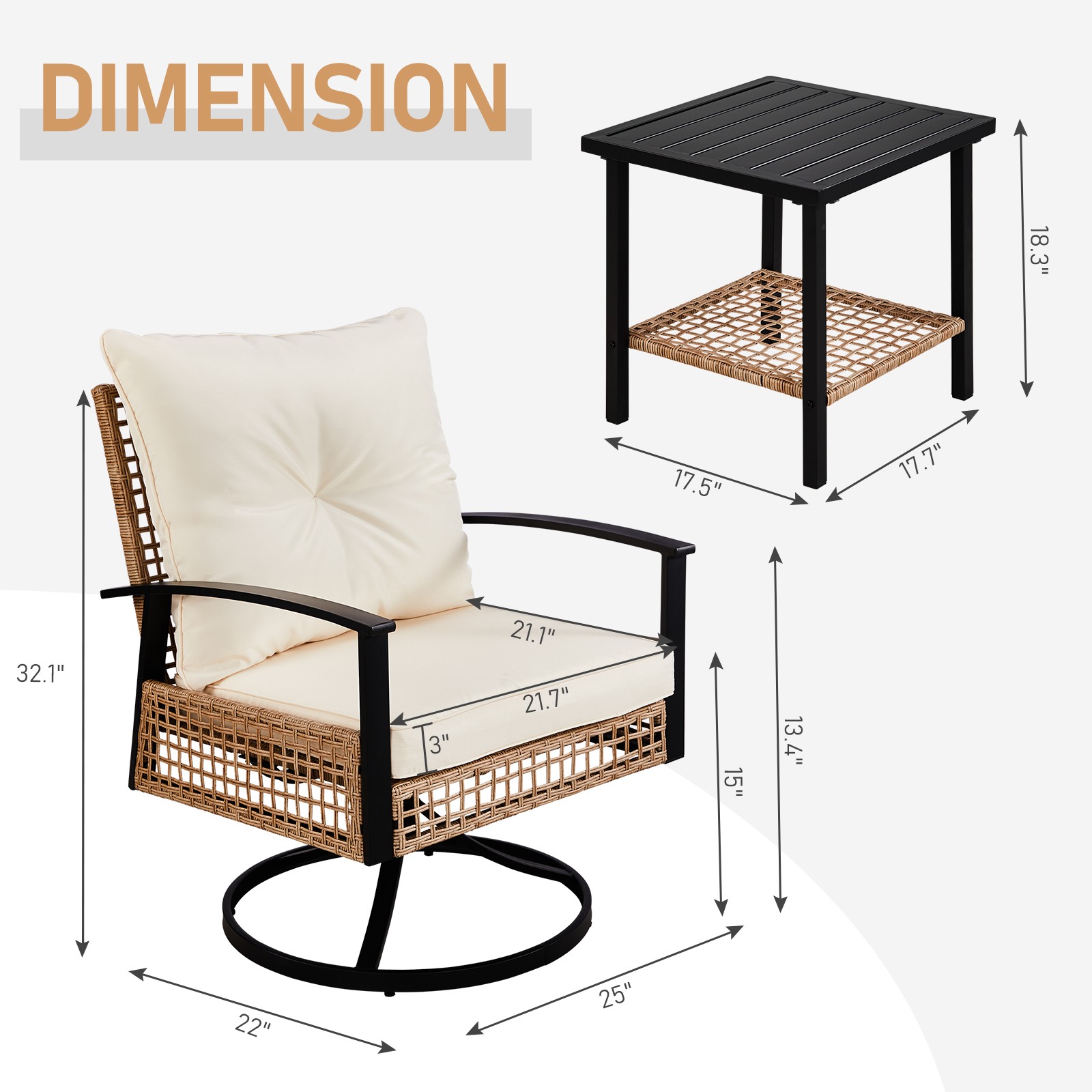 Set of 3 In/Outdoor Garden Swivel Rocker Patio Chair and Table 360Degrees Yellow