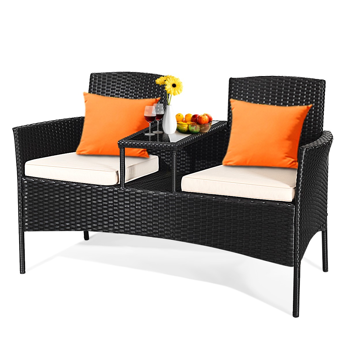 Patio Rattan Conversation Set Cushioned Loveseat Sofa Glass Table Chairs Outdoor