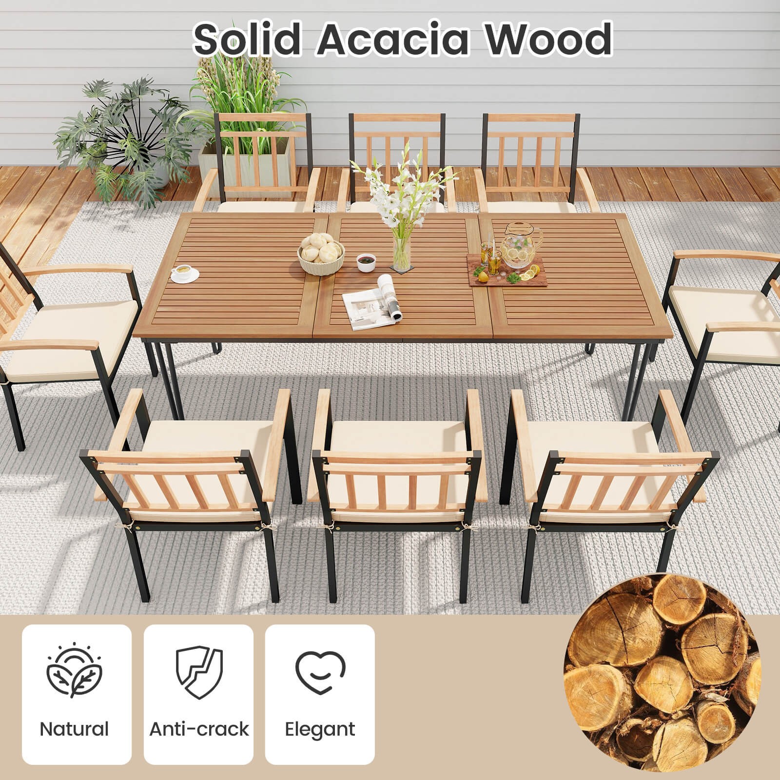Patio 9 PCS Dining Set w/Rectangular Acacia Wood Dining Table 8 Cushioned