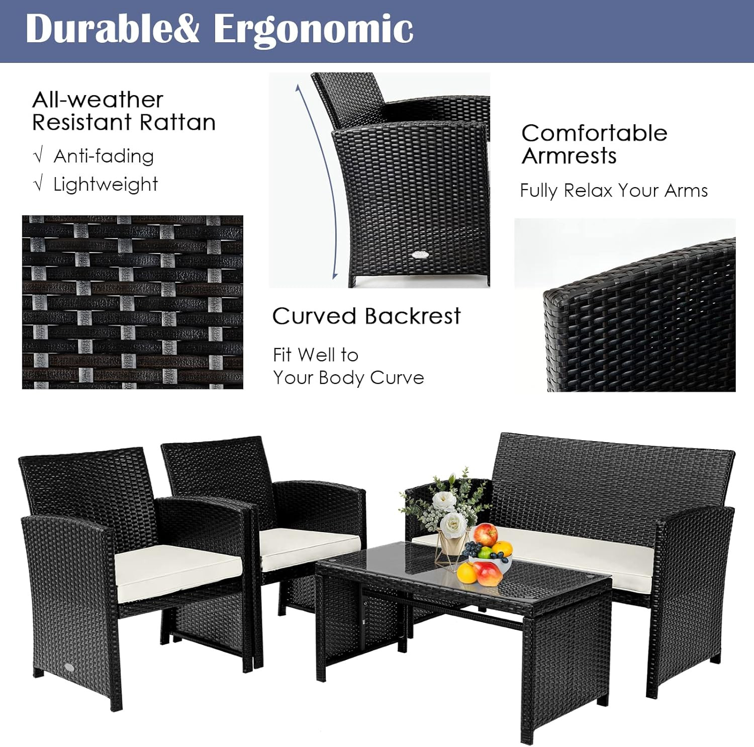 Stylish 4-Piece Outdoor Rattan Sofa Set with Cushions and Coffee Table