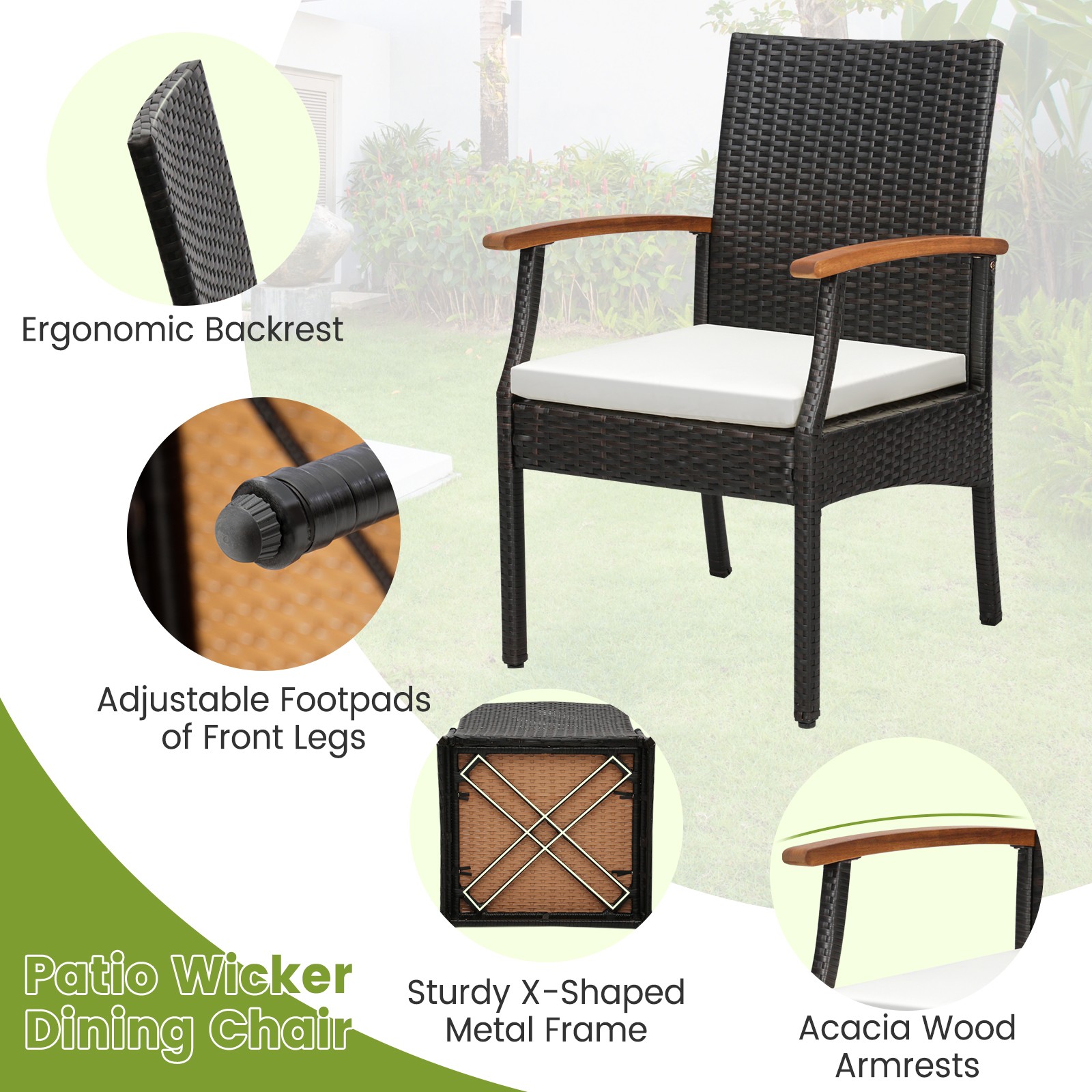 5 PCS Patio Rattan Dining Set Acacia Wood Table 4 Wicker Chairs w/ Umbrella Hole