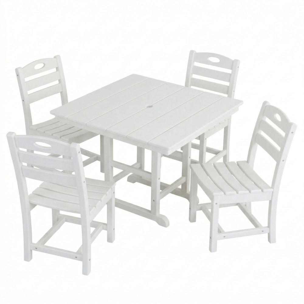 White HDPE 5-Piece Outdoor Dining Set Square Table 4 Chairs