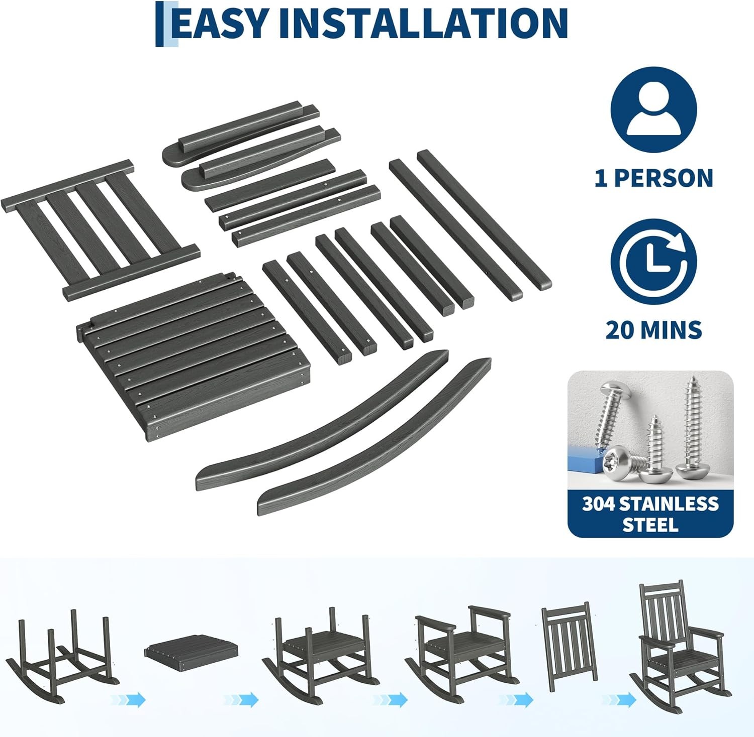 Set of 3 HDPE Rocking Chairs w/ Side Table High Back 350 lbs Patio Porch Rockers