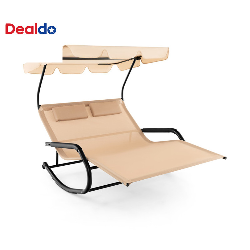 Outdoor 2 Persons Rocking Chaise Lounge with Canopy and Wheels