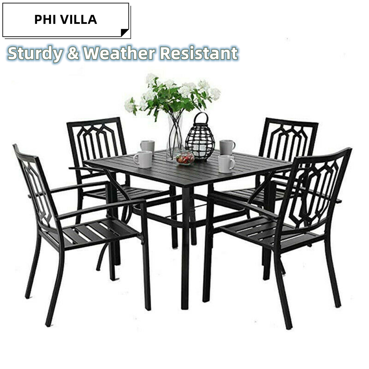 5 Piece Outdoor Dining Set Patio Chair Stackable Square Table with Umbrella Hole