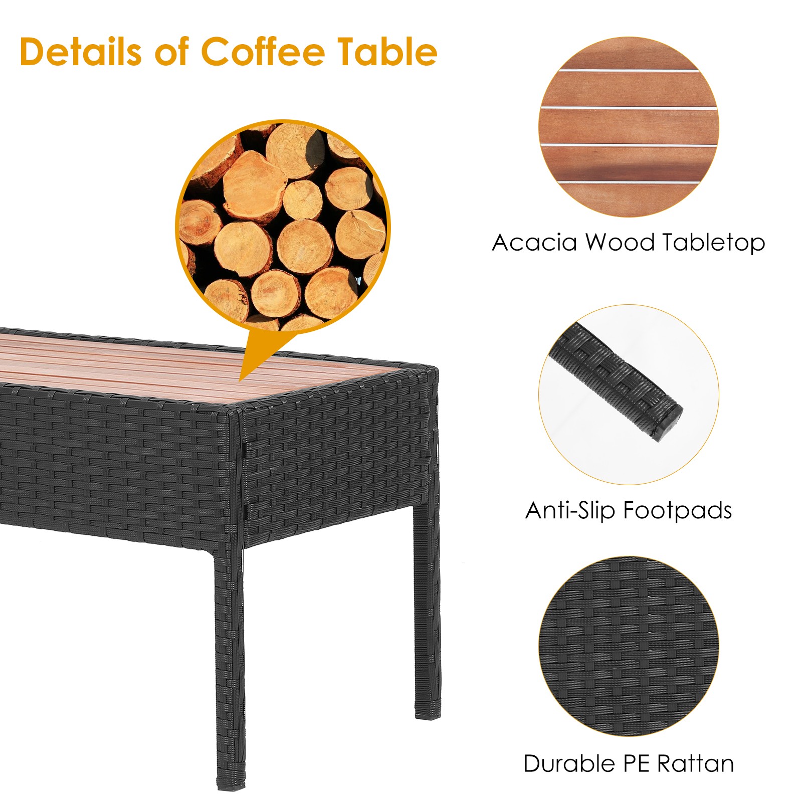 Costway 4PCS Patio Rattan Furniture Set Cushioned Chair Wooden Tabletop Black