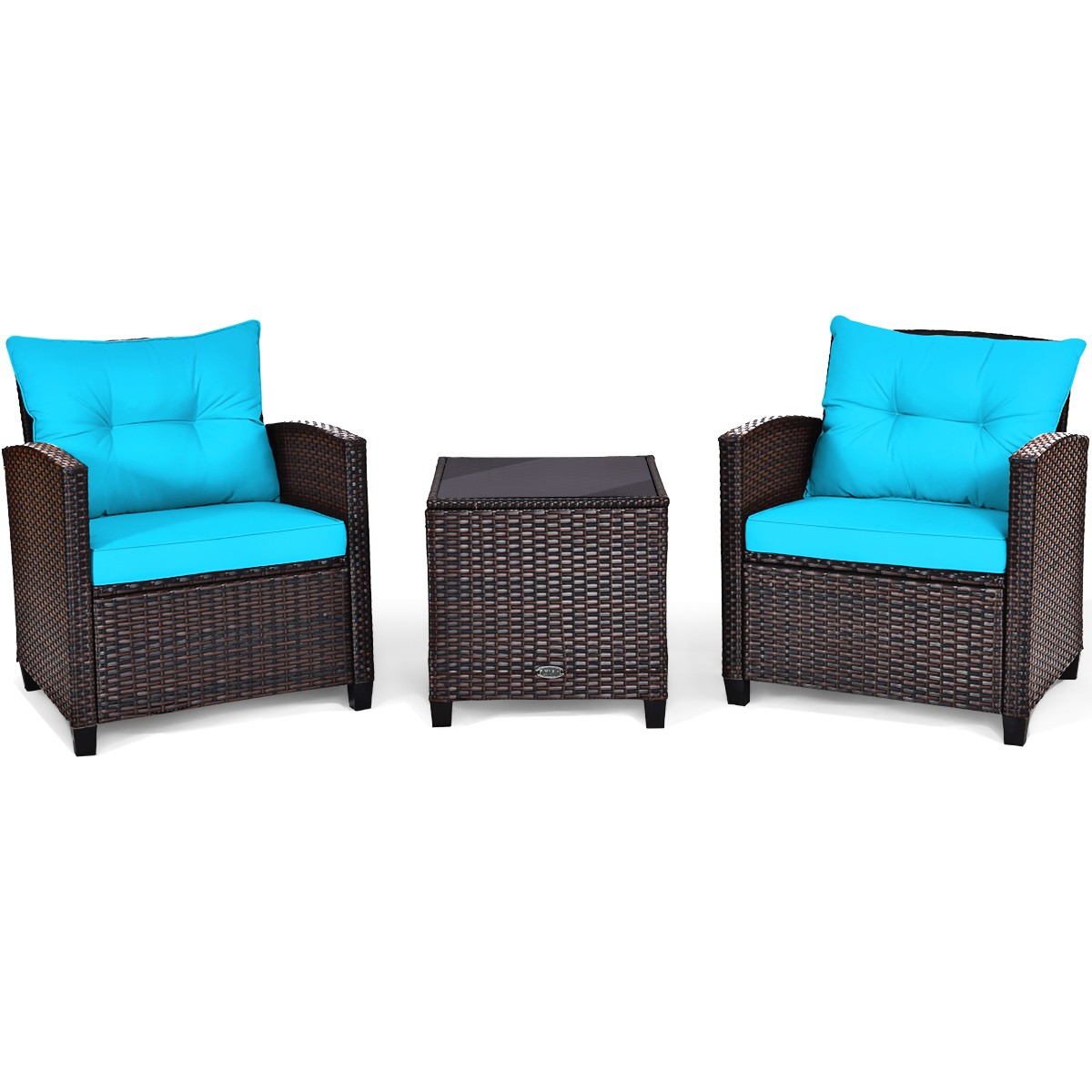 3PCS Patio Rattan Furniture Set Cushioned Conversation Set Sofa Turquoise