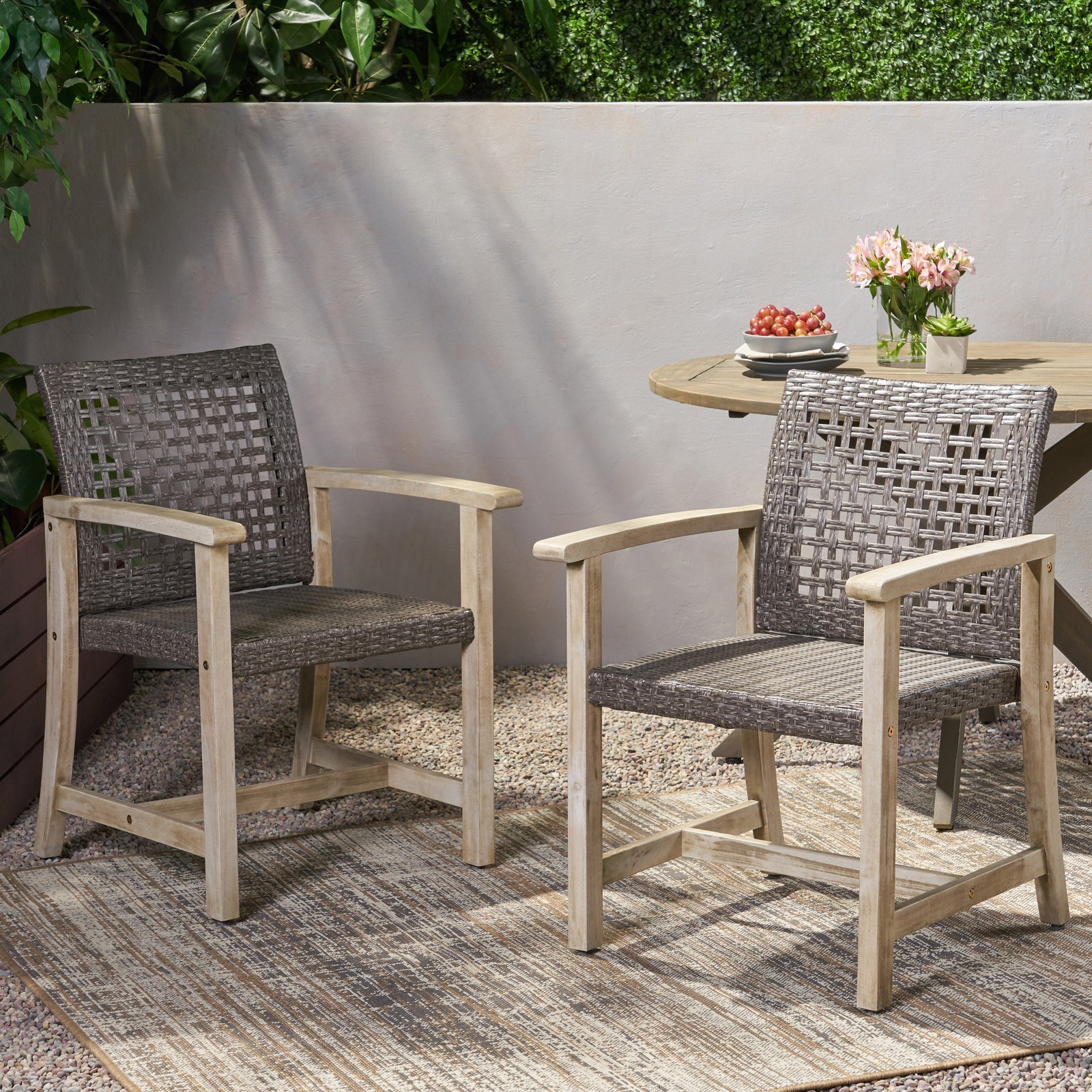 Set of 2 Wood and Wicker Dining Chairs, Natural Weave Side Chairs
