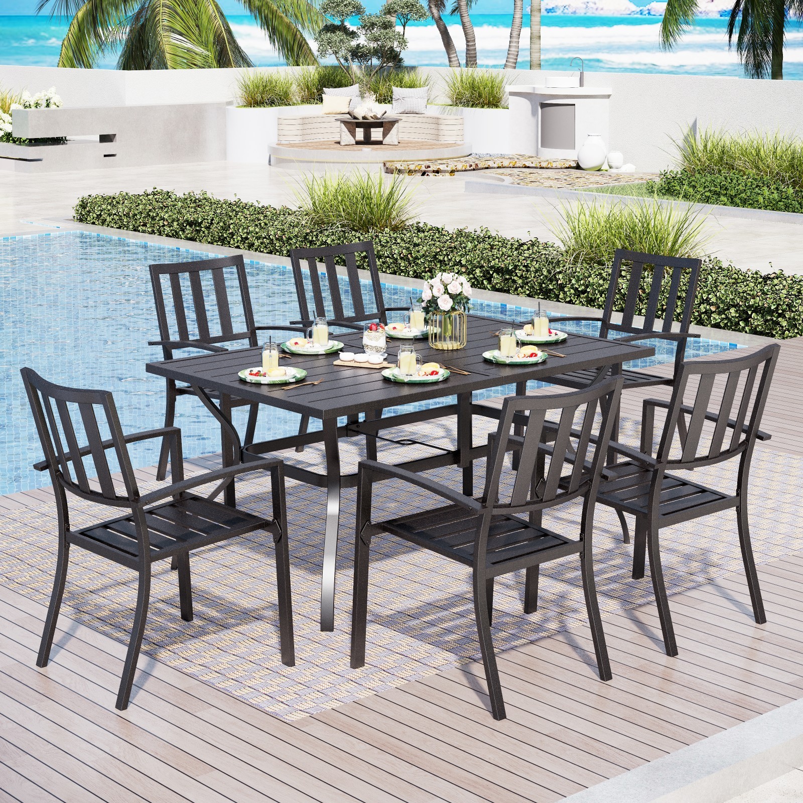 7 Piece Outdoor Dining Set for 6 60″ Table w/ Umbrella Hole Stackable Chairs
