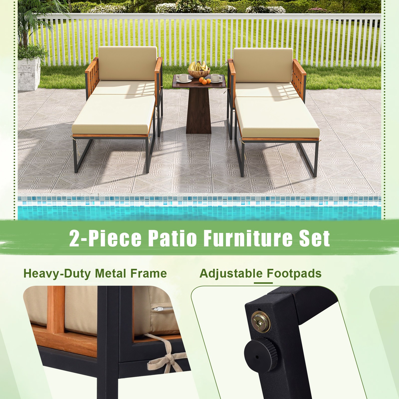 Outdoor Furniture Set Patio Acacia Wood Armchair w/ Long Ottoman Cozy Seat