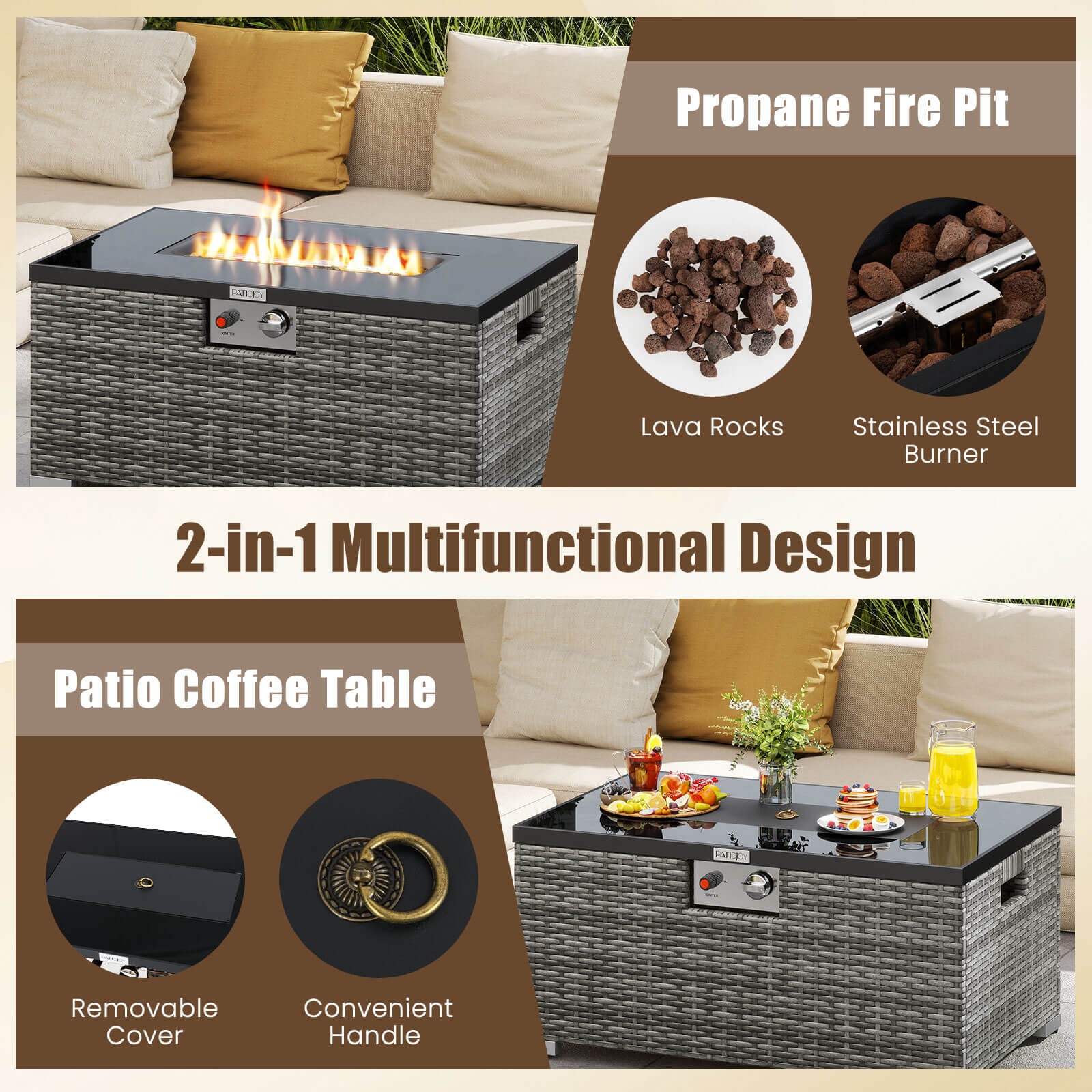 2 PCS Outdoor Rattan Fire Table Set w/ Tank Cover Tempered Glass Tabletop