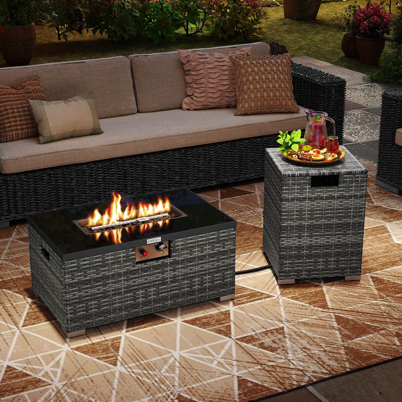 2 PCS Outdoor Rattan Fire Table Set w/ Tank Cover Tempered Glass Tabletop
