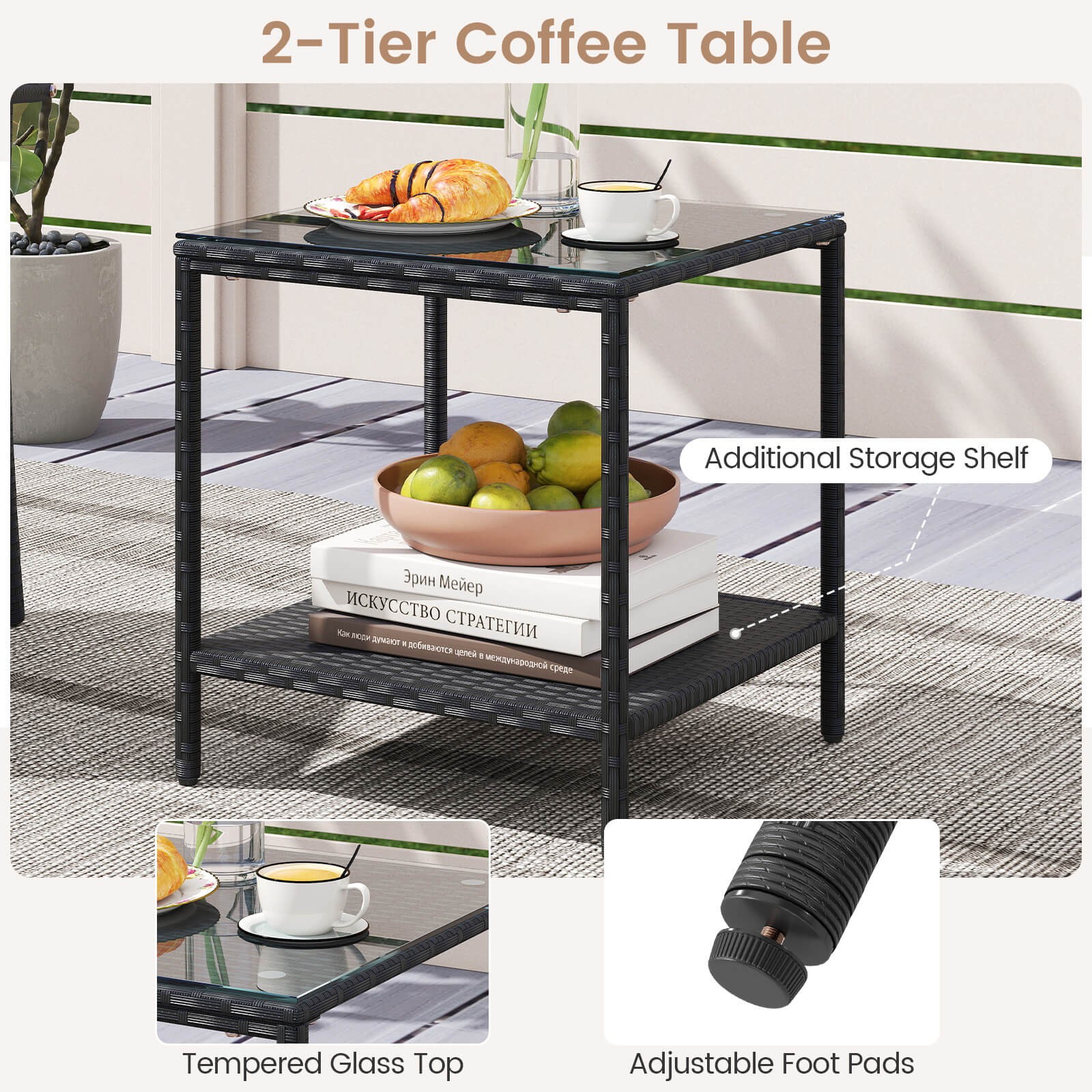 3 PCS Patio Furniture Set w/2-Tier Table Tempered Glass Tabletop & Soft Cushions