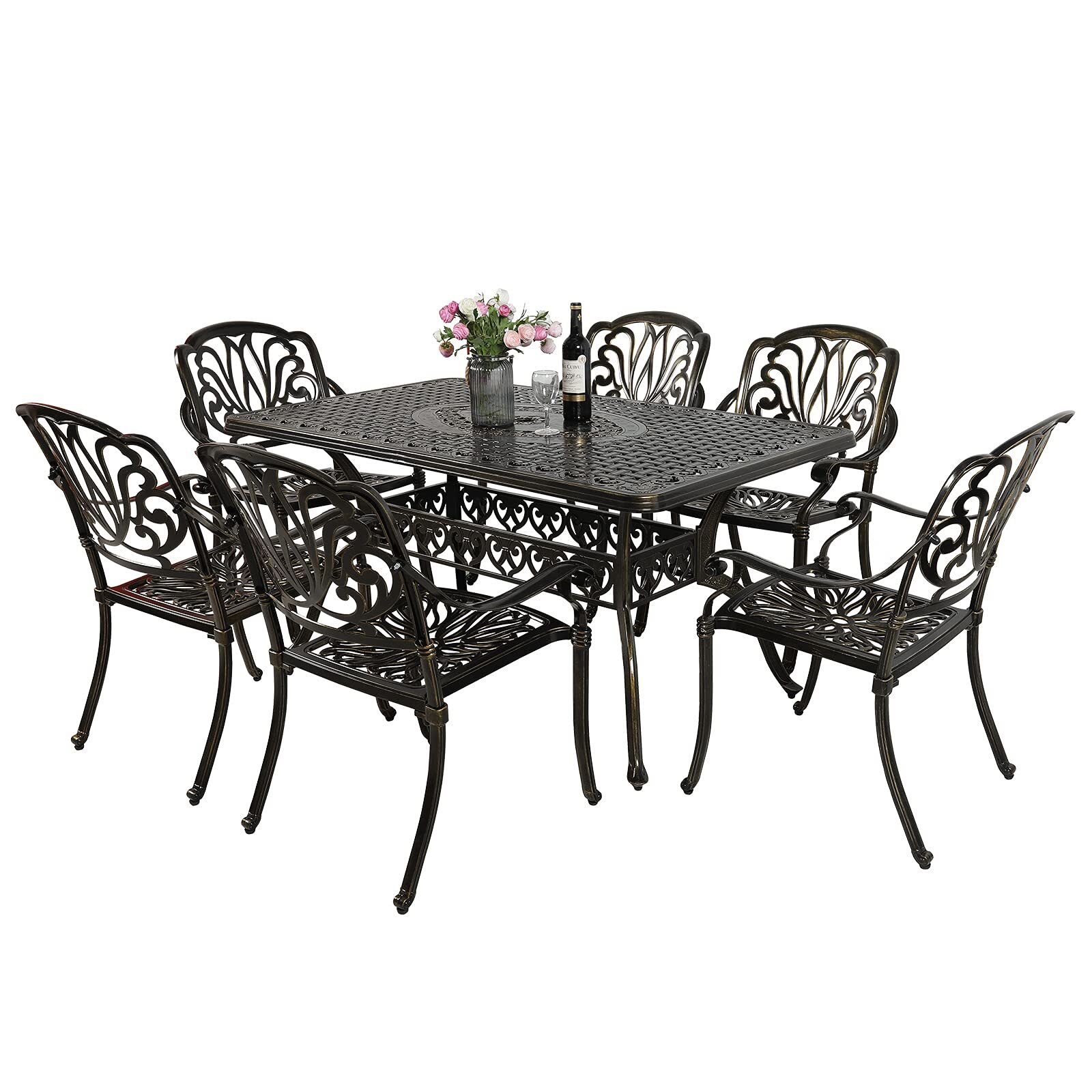 7PCS Patio Dining Set Outdoor Furniture Rectangle Table Chairs Set Cast Aluminum