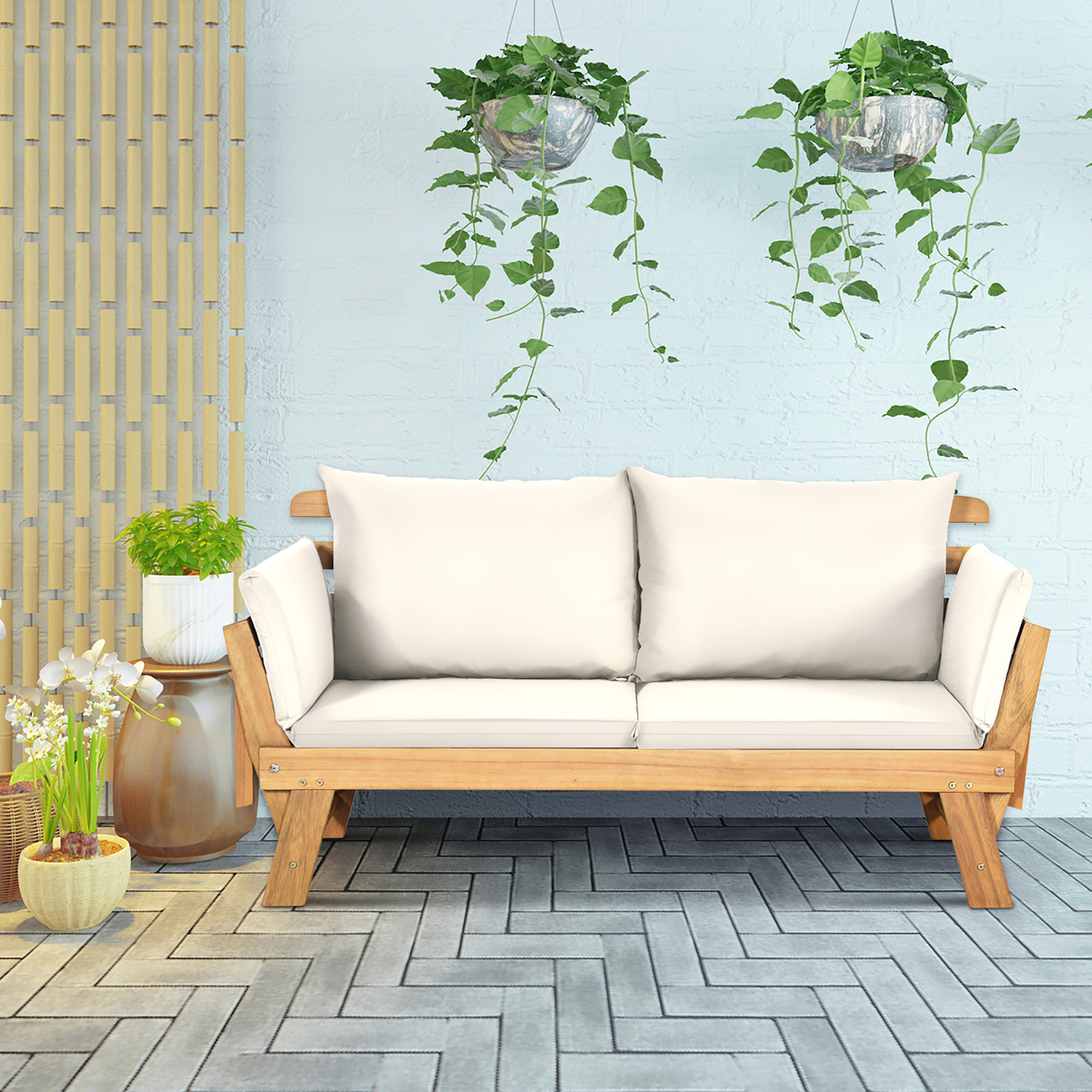 Adjustable Patio Sofa Daybed Acacia Wood Furniture w/ White Cushions