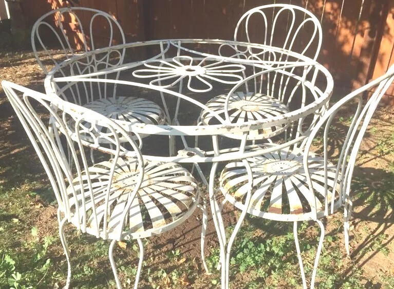 Vtg. Francois Carre Sunburst Spring Metal Steel & White Wrought Iron Patio Set.