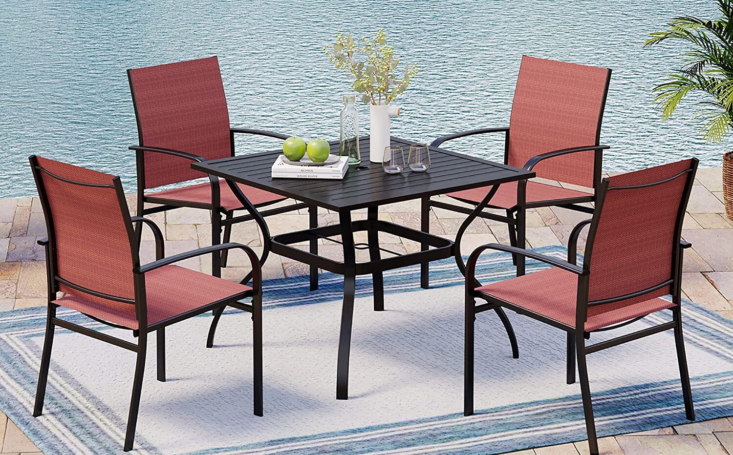 5 Piece Patio Furniture Set Outdoor Dining Set with 4 Chairs Square Table Red