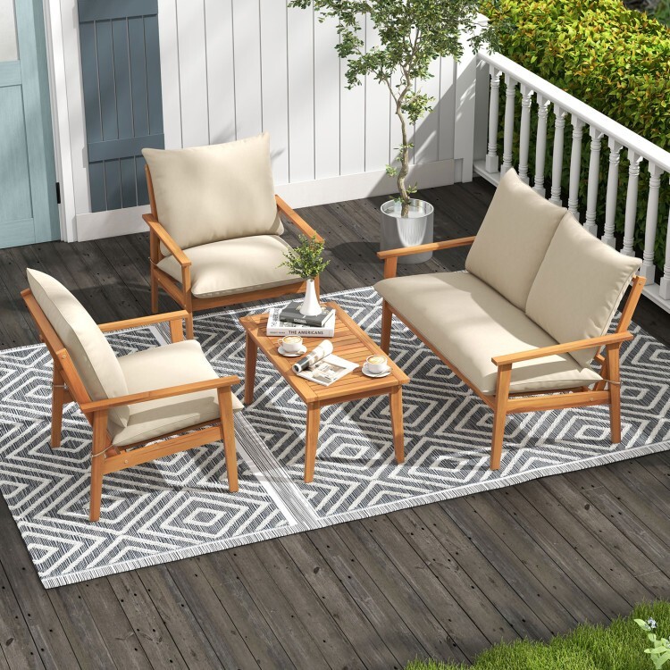 4 Pieces Patio Conversation Set Sofa Couch Outdoor Table Chairs W/ Soft Cushions