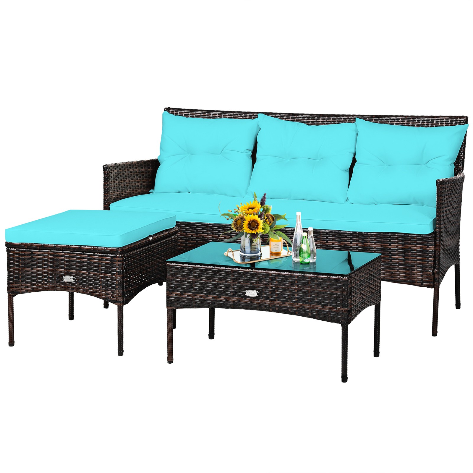 Costway 3PCS Patio Rattan Furniture Set 3-Seat Sofa Cushioned Table Turqouise