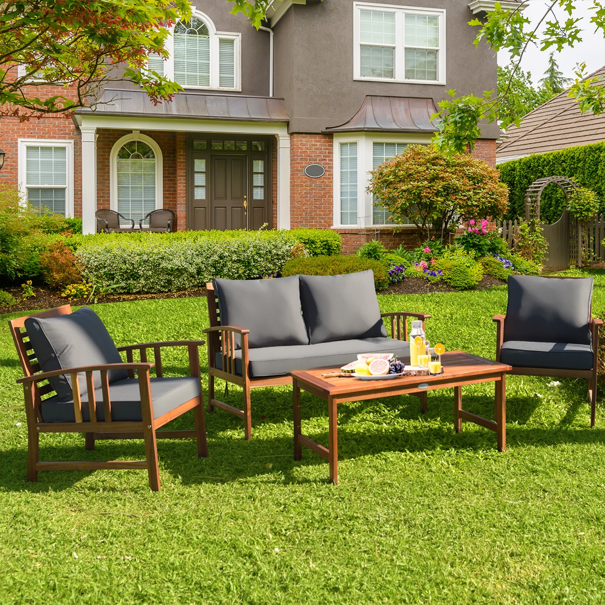4PCS Wooden Patio Furniture Set Table Sofa Chair Cushioned Garden Outdoor