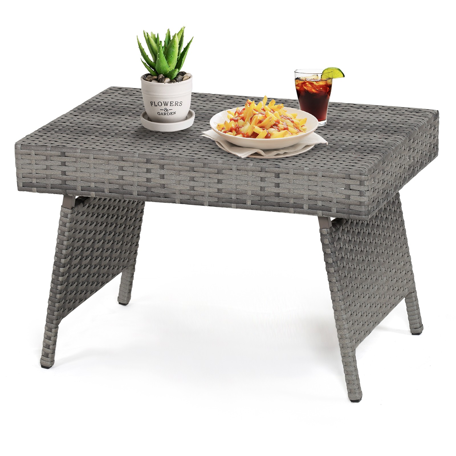 Folding Patio Rattan Wicker Side Table End Coffee Table Portable Garden Mix Grey