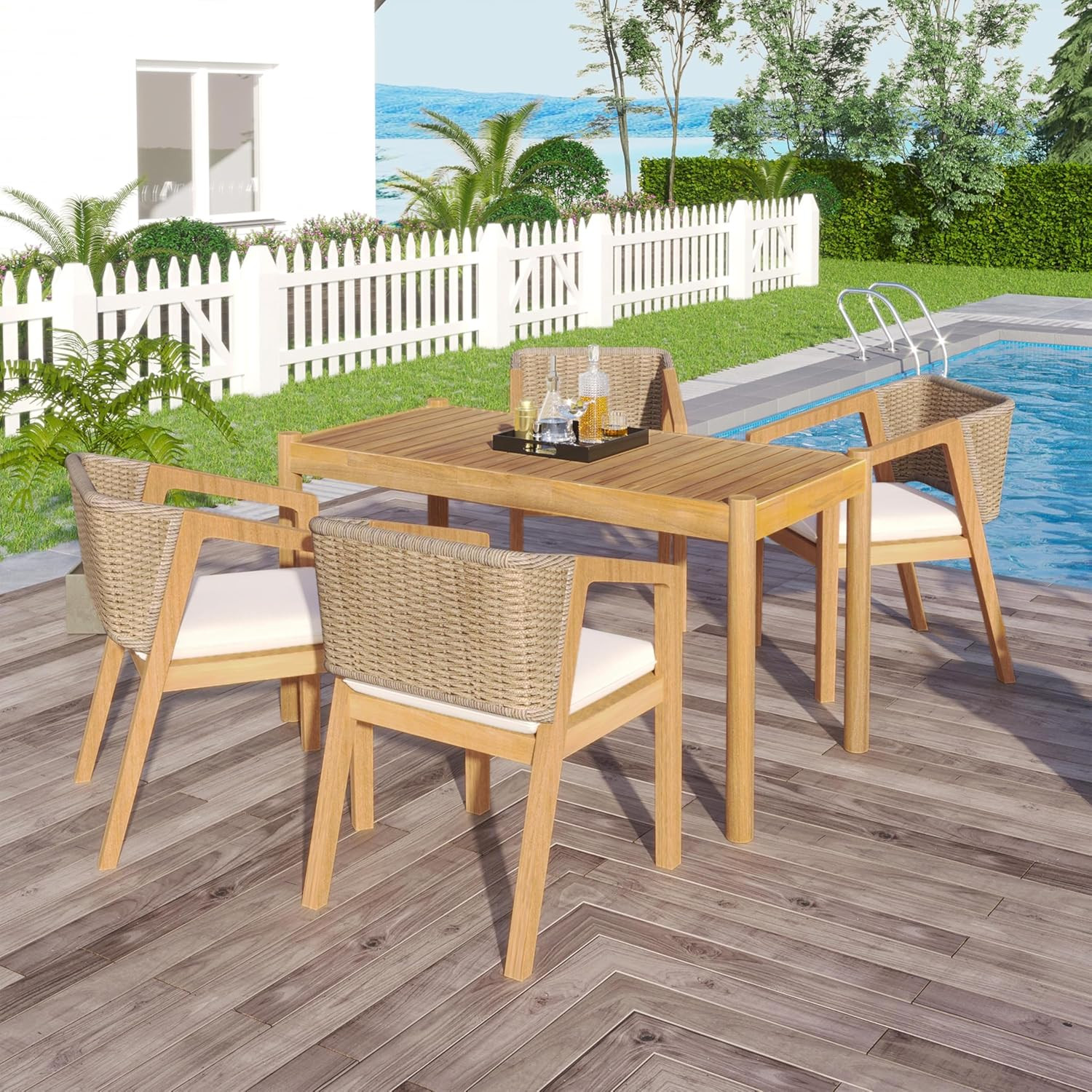 Acacia Wood Outdoor Dining Set for 5 with Rattan Chairs – Light Teak Finish