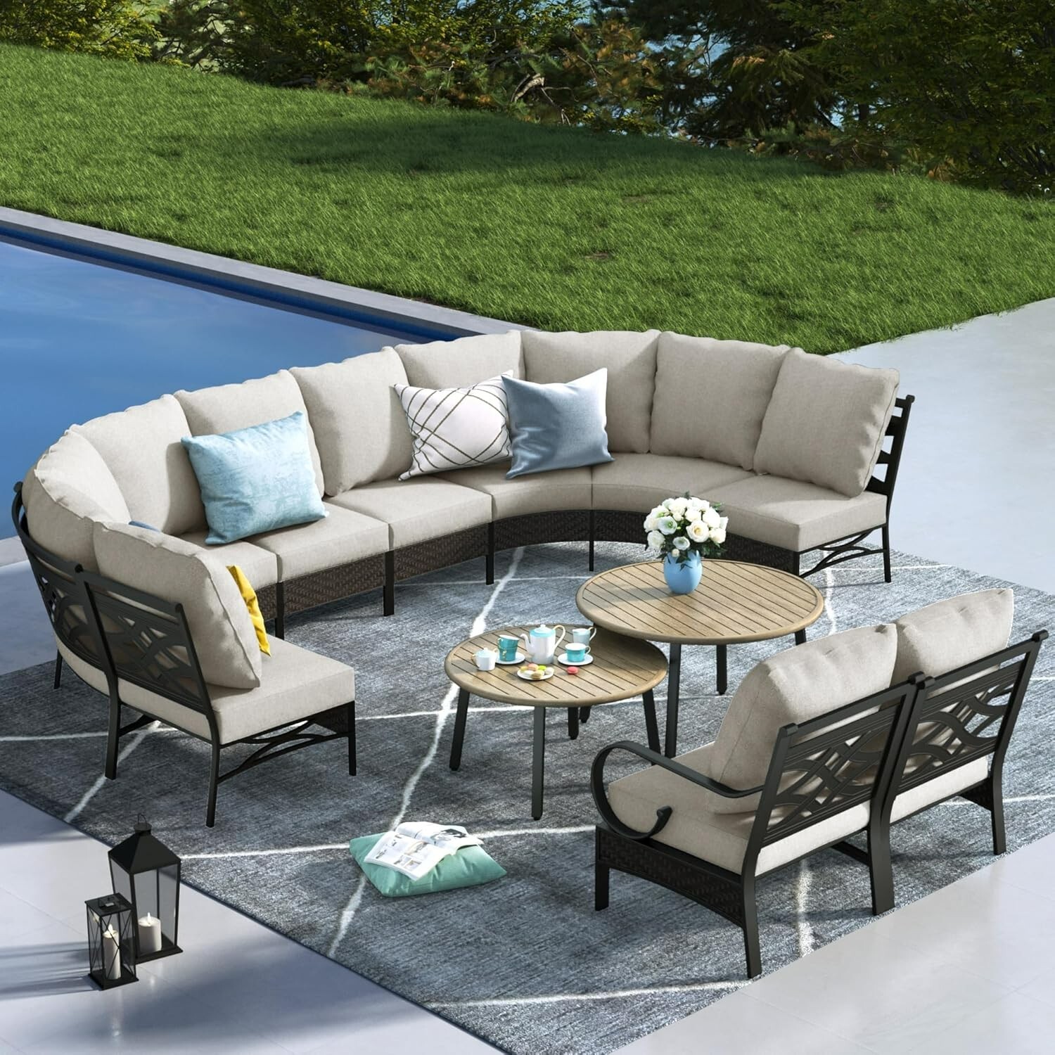 10-Seat Outdoor Patio Conversation Set Rattan Furniture Sofa Set W/ Round Table