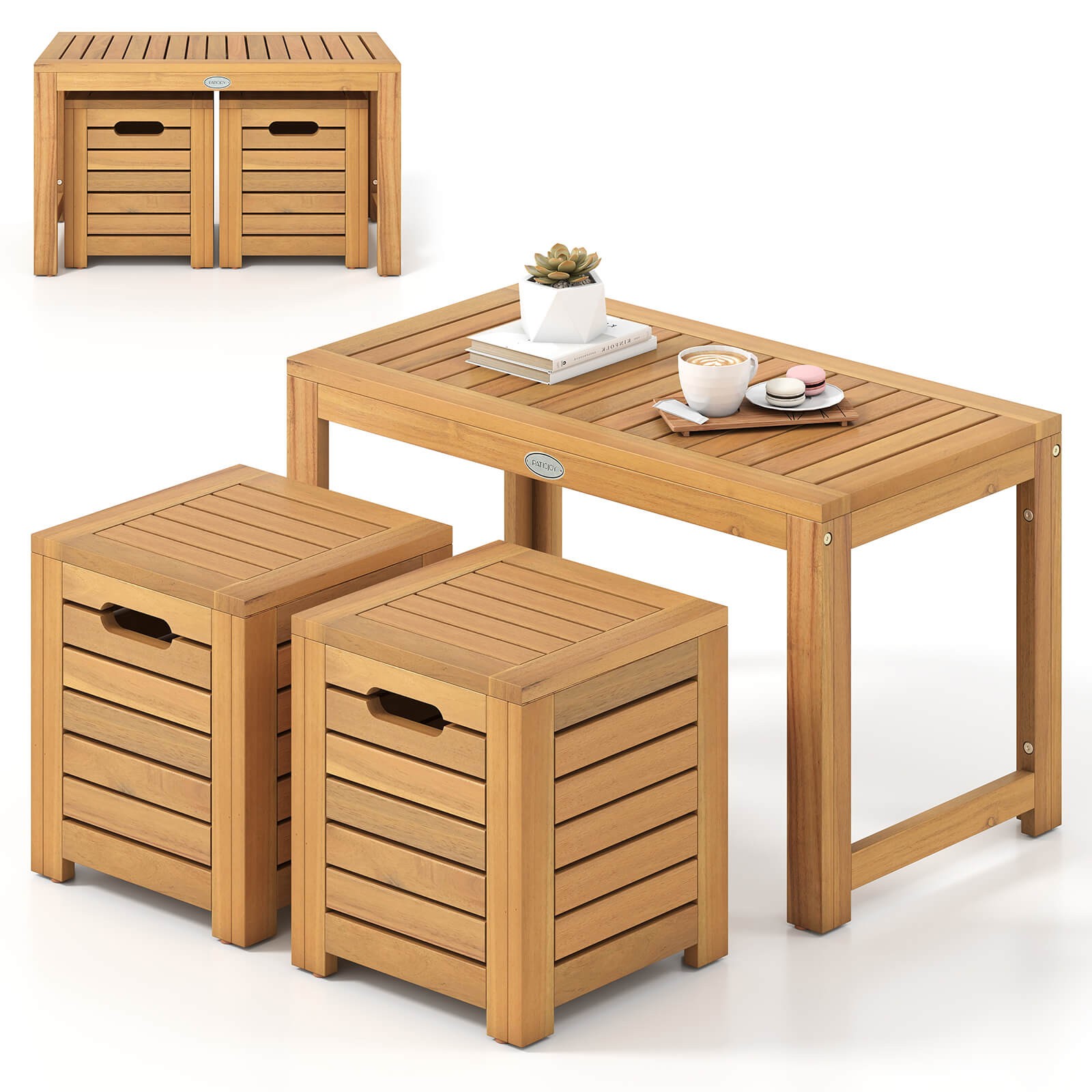 3PCS Patio Rectangular Table and Stools Set w/Hidden Storage Space for Balcony