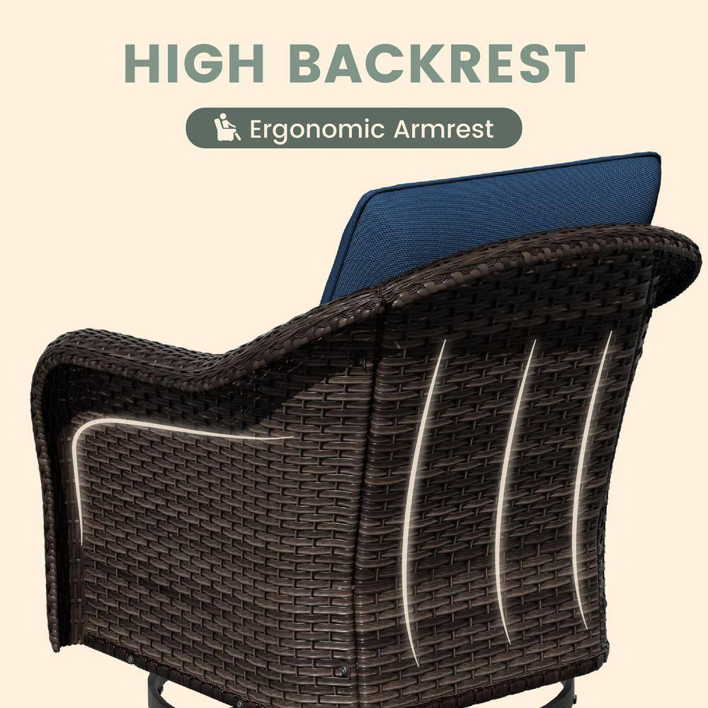 2-Piece Patio Wicker Swivel Outdoor Rocking Chair Set with Blue Cushions