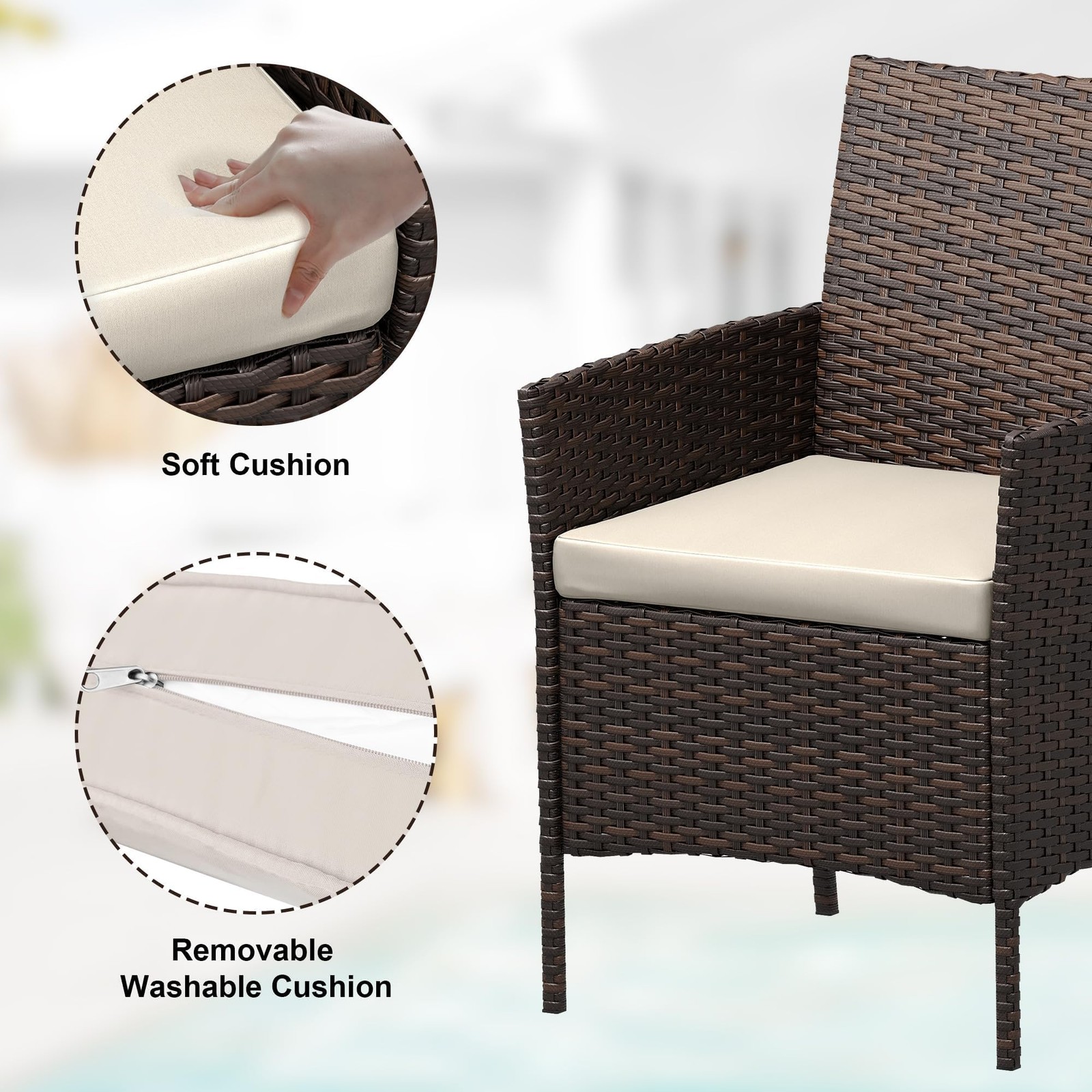 3-Piece Outdoor Patio Furniture Set, Wicker Chair & Soft Cushions w/Coffee Table